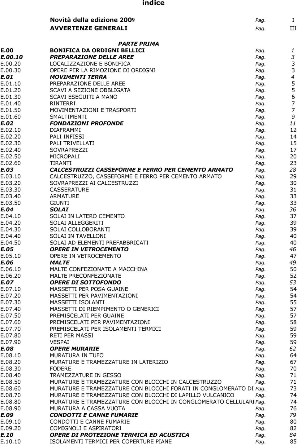 01.40 RINTERRI Pag. 7 E.01.50 MOVIMENTAZIONI E TRASPORTI Pag. 7 E.01.60 SMALTIMENTI Pag. 9 E.02 FONDAZIONI PROFONDE Pag. 11 E.02.10 DIAFRAMMI Pag. 12 E.02.20 PALI INFISSI Pag. 14 E.02.30 PALI TRIVELLATI Pag.