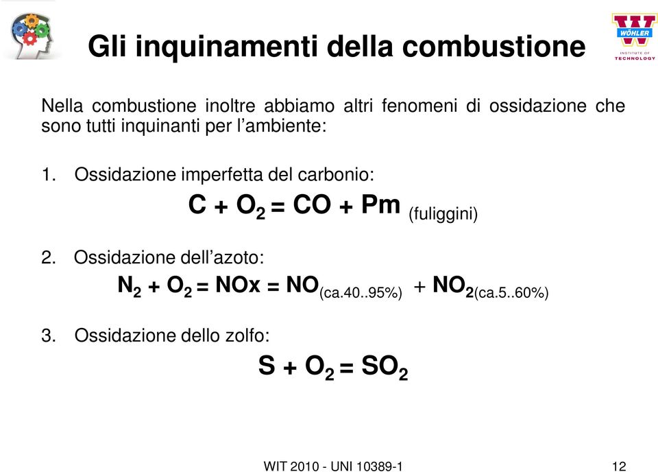 Ossidazione imperfetta del carbonio: C + O 2 = CO + Pm (fuliggini) 2.