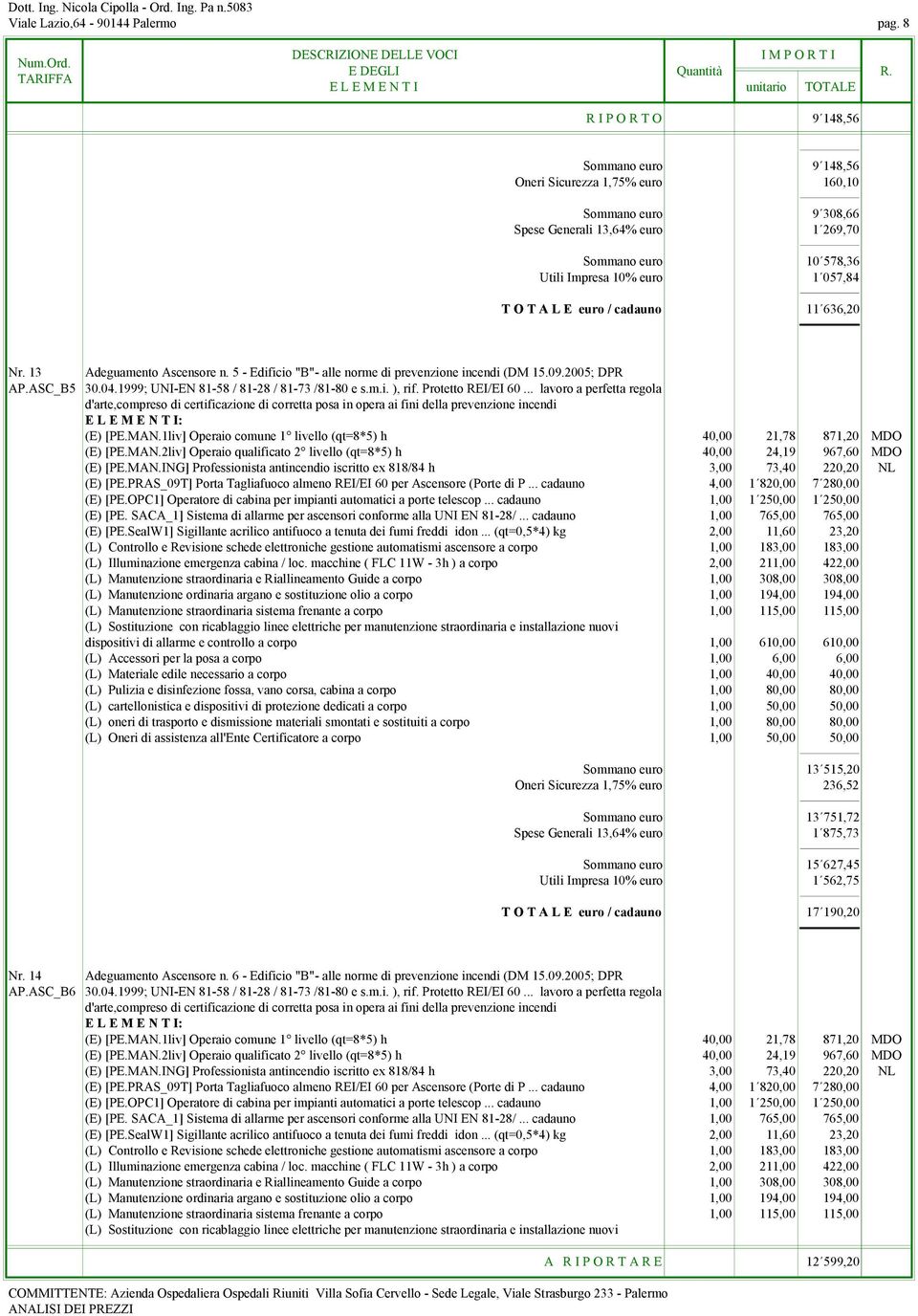 A L E euro / cadauno 11 636,20 Nr. 13 Adeguamento Ascensore n. 5 - Edificio "B"- alle norme di prevenzione incendi (DM 15.09.2005; DPR AP.ASC_B5 30.04.1999; UNI-EN 81-58 / 81-28 / 81-73 /81-80 e s.m.i. ), rif.