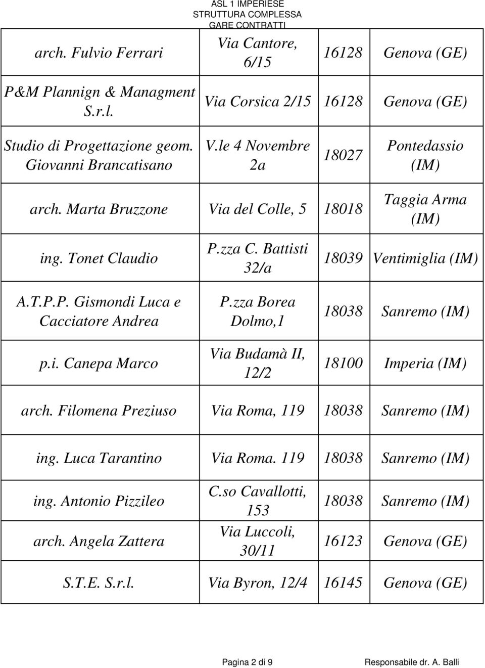 i. Canepa Marco P.zza C. Battisti 32/a P.zza Borea Dolmo,1 Via Budamà II, 12/2 18039 Ventimiglia 18100 Imperia arch. Filomena Preziuso Via Roma, 119 ing.