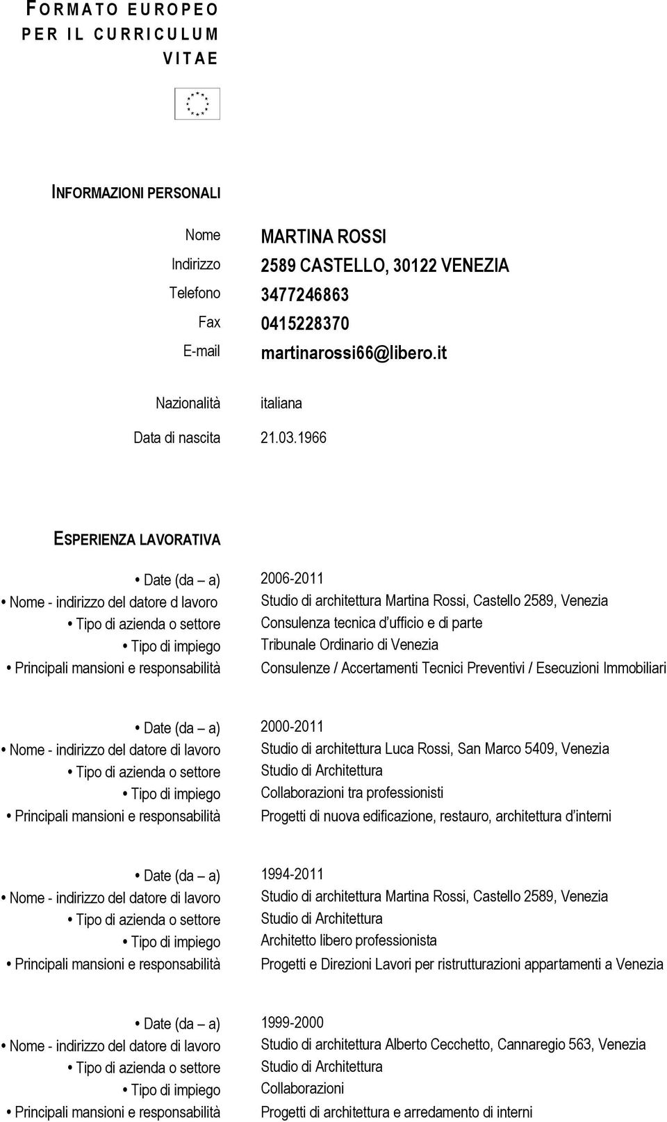 1966 ESPERIENZA LAVORATIVA Date (da a) 2006-2011 Nome - indirizzo del datore d lavoro Studio di architettura Martina Rossi, Castello 2589, Venezia Tipo di azienda o settore Consulenza tecnica d