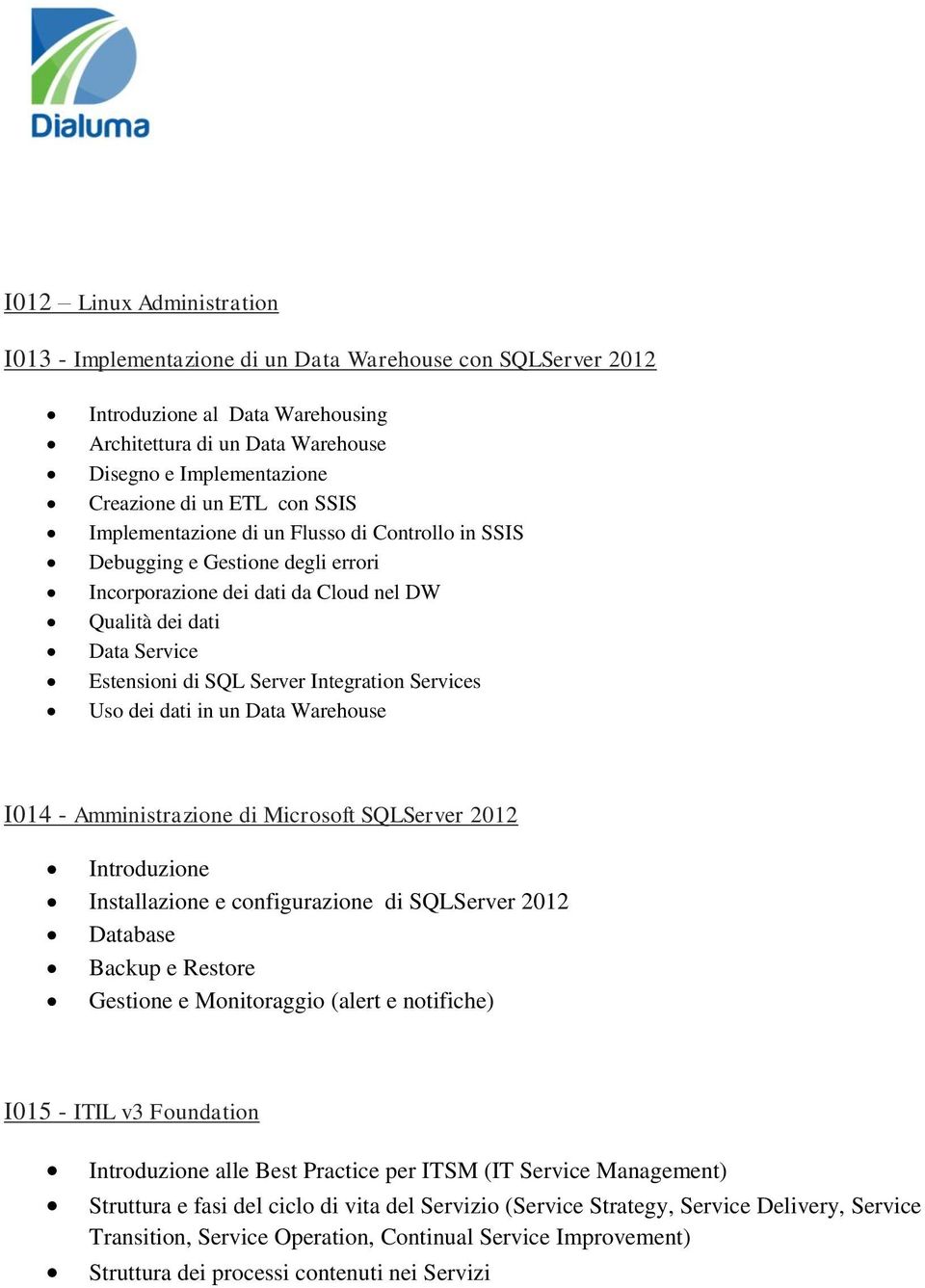 Integration Services Uso dei dati in un Data Warehouse I014 - Amministrazione di Microsoft SQLServer 2012 Introduzione Installazione e configurazione di SQLServer 2012 Database Backup e Restore