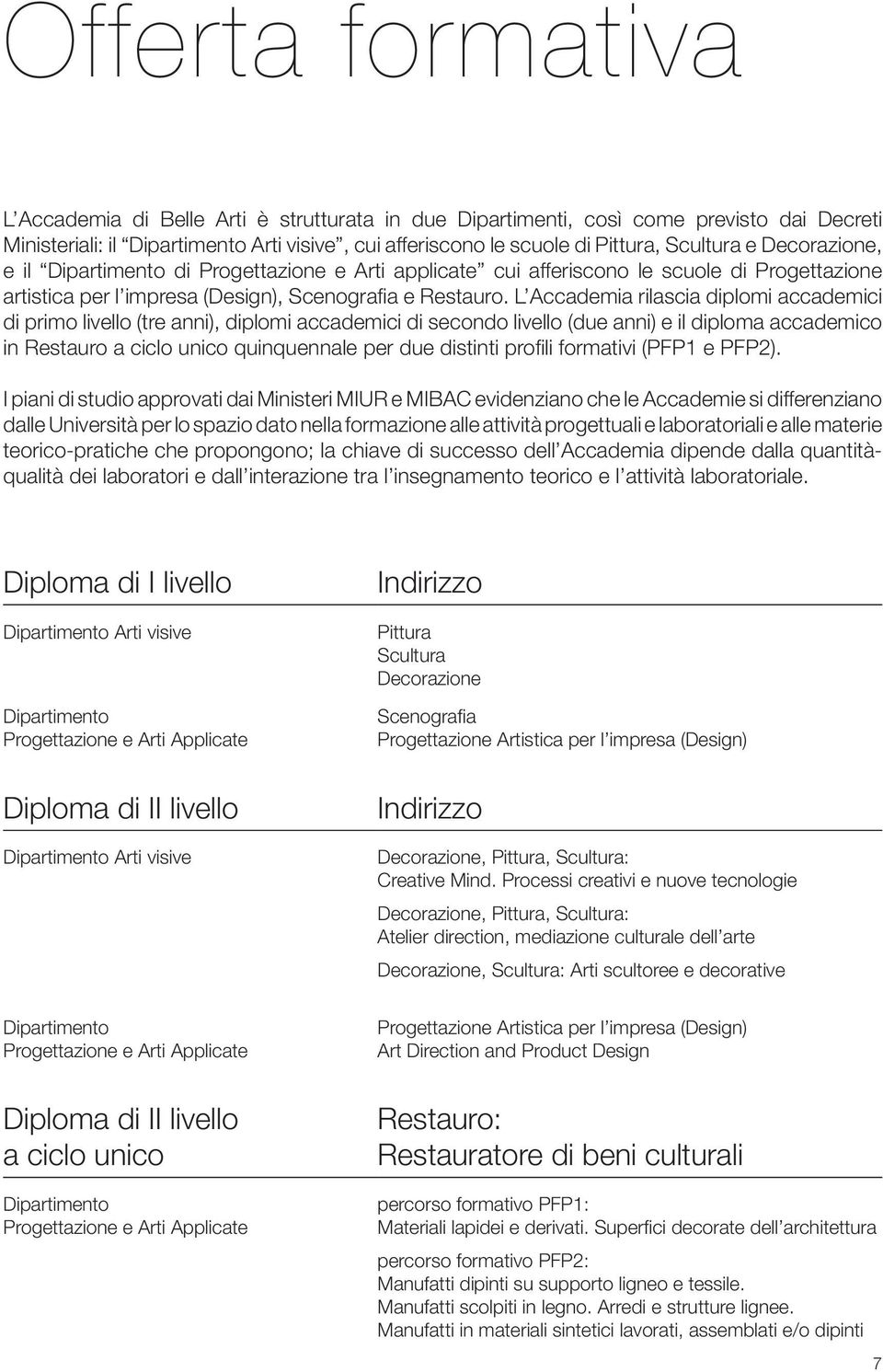 L Accademia rilascia diplomi accademici di primo livello (tre anni), diplomi accademici di secondo livello (due anni) e il diploma accademico in Restauro a ciclo unico quinquennale per due distinti