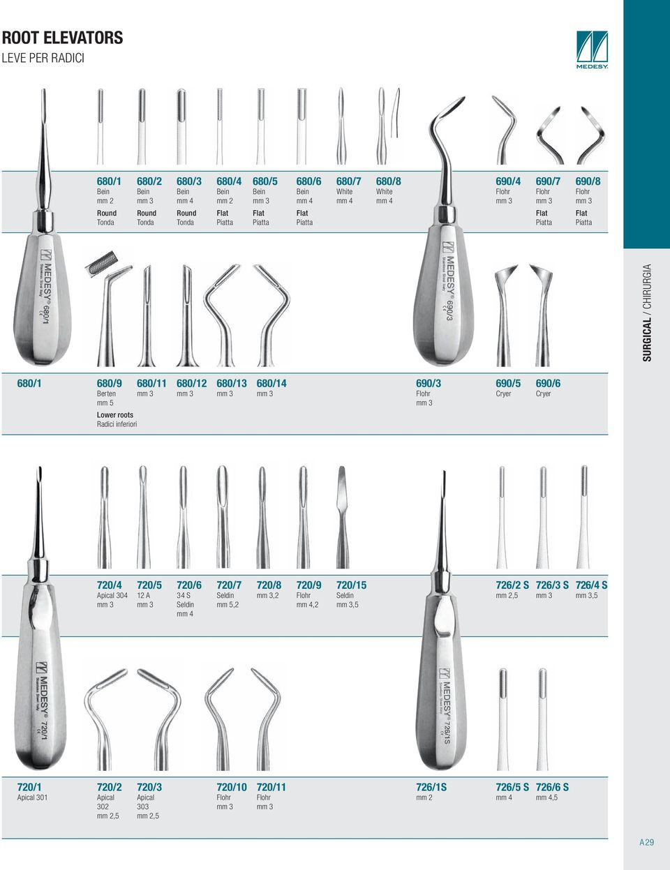 Lower roots Radici inferiori 680/11 680/12 680/13 680/14 690/3 Flohr 690/5 Cryer 690/6 Cryer 720/4 Apical 304 720/5 12 A 720/6 34 S 720/7 mm 5,2 720/8,2