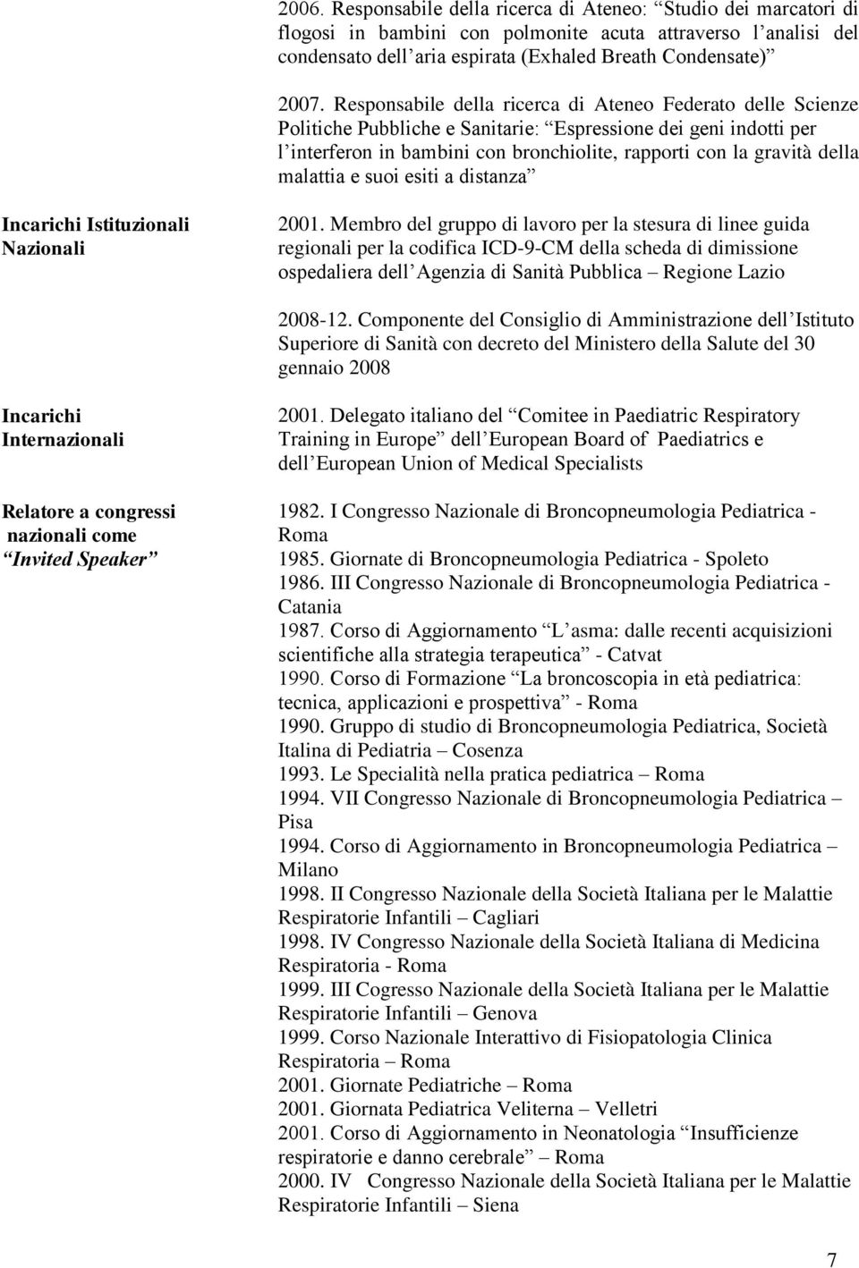 malattia e suoi esiti a distanza Incarichi Istituzionali Nazionali 2001.