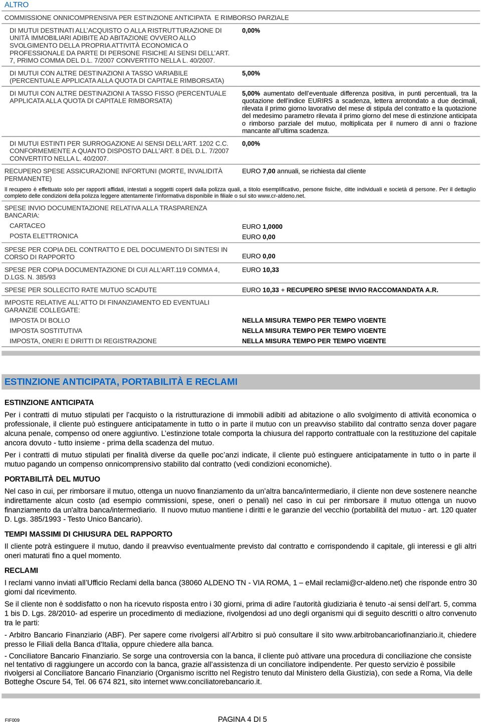 DI MUTUI CON ALTRE DESTINAZIONI A TASSO VARIABILE (PERCENTUALE APPLICATA ALLA QUOTA DI CAPITALE RIMBORSATA) 0,00% 5,00% DI MUTUI CON ALTRE DESTINAZIONI A TASSO FISSO (PERCENTUALE APPLICATA ALLA QUOTA