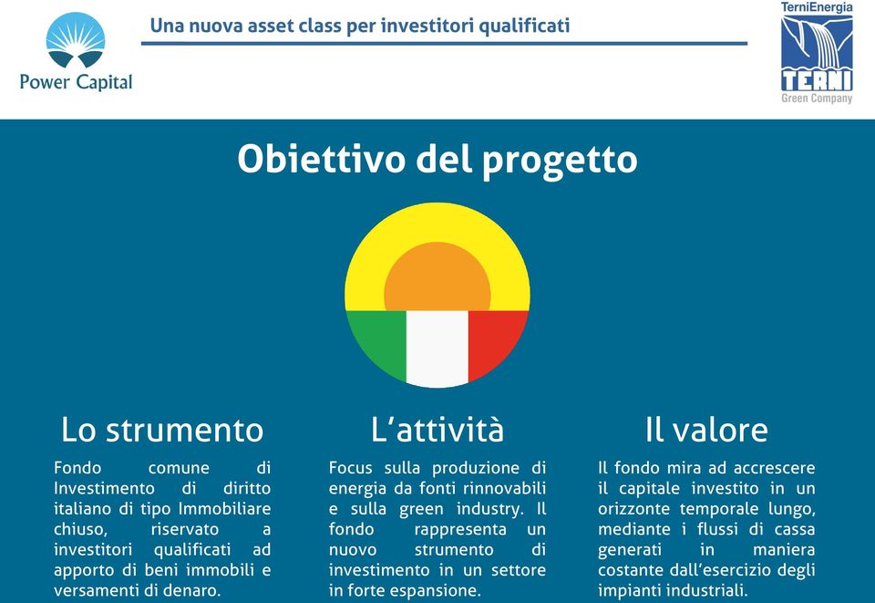 L attività Focus sulla produzione di energia da fonti rinnovabili e sulla green industry.