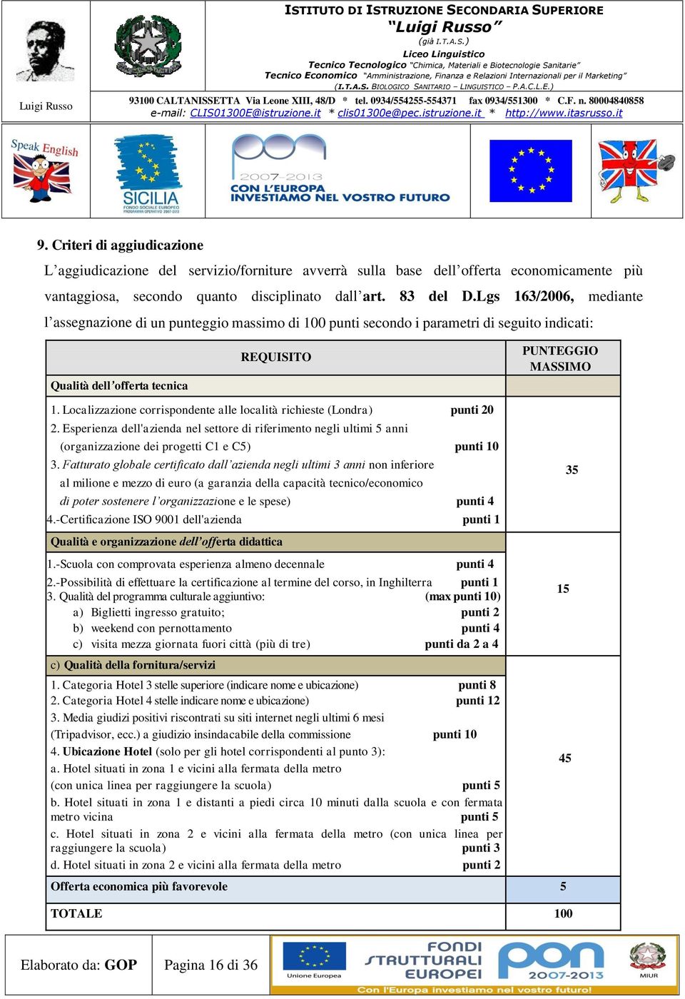 Localizzazione corrispondente alle località richieste (Londra) punti 20 2. Esperienza dell'azienda nel settore di riferimento negli ultimi 5 anni (organizzazione dei progetti C1 e C5) punti 10 3.