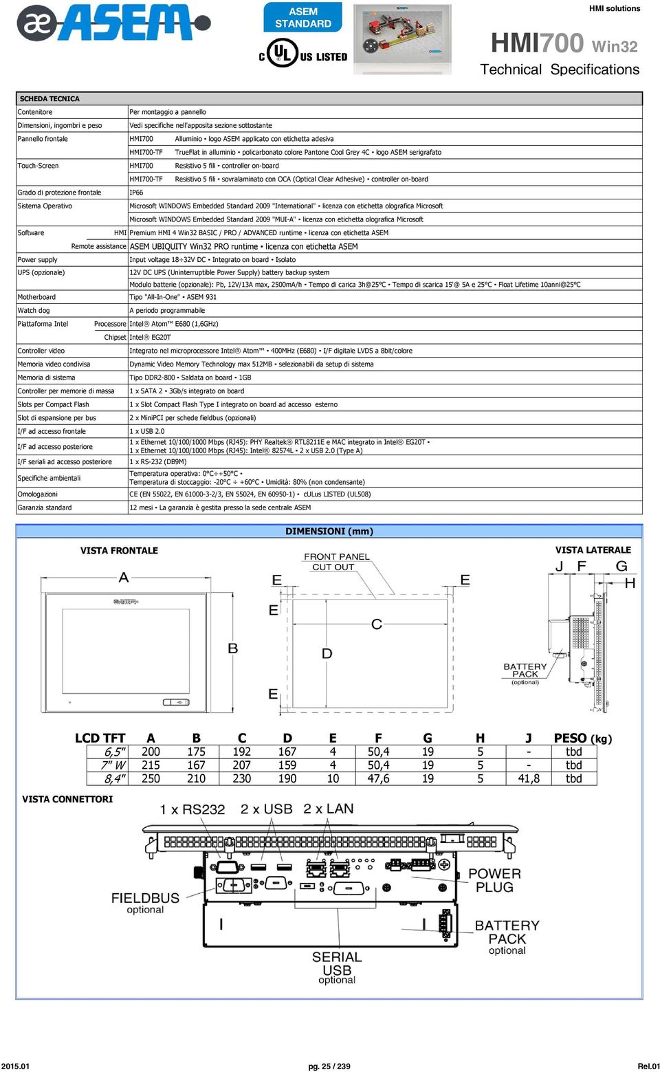 on-board HMI700-TF Resistivo 5 fili sovralaminato con OCA (Optical Clear Adhesive) controller on-board Grado di protezione frontale IP66 Sistema Operativo Microsoft WINDOWS Embedded Standard 2009