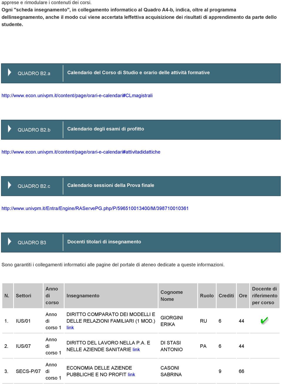 apprendimento da parte dello studente. QUADRO B2.a Calendario del Corso di Studio e orario delle attività formative http://www.econ.univpm.it/content/page/orari-e-calendari#clmagistrali QUADRO B2.