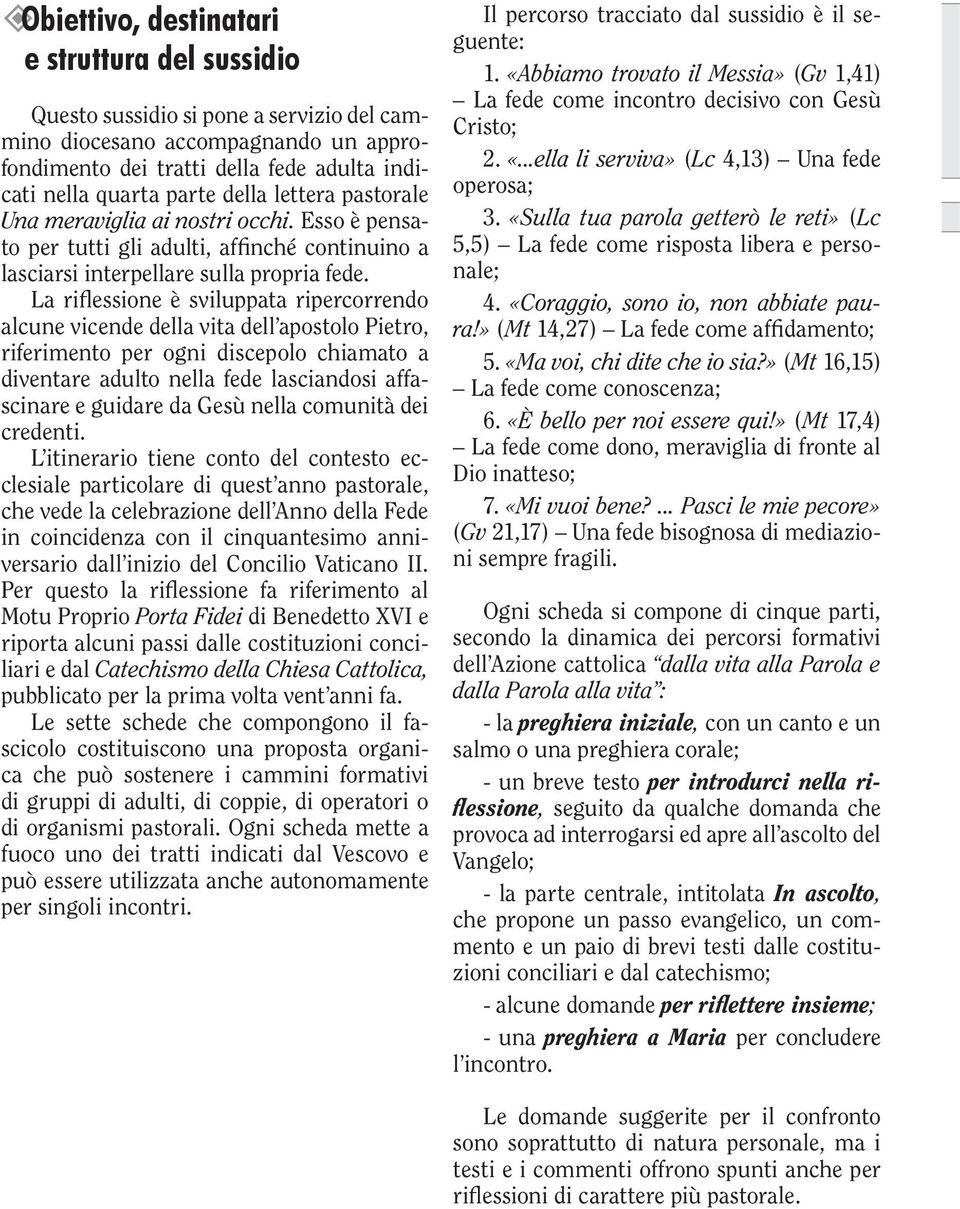 La riflessione è sviluppata ripercorrendo alcune vicende della vita dell apostolo Pietro, riferimento per ogni discepolo chiamato a diventare adulto nella fede lasciandosi affascinare e guidare da