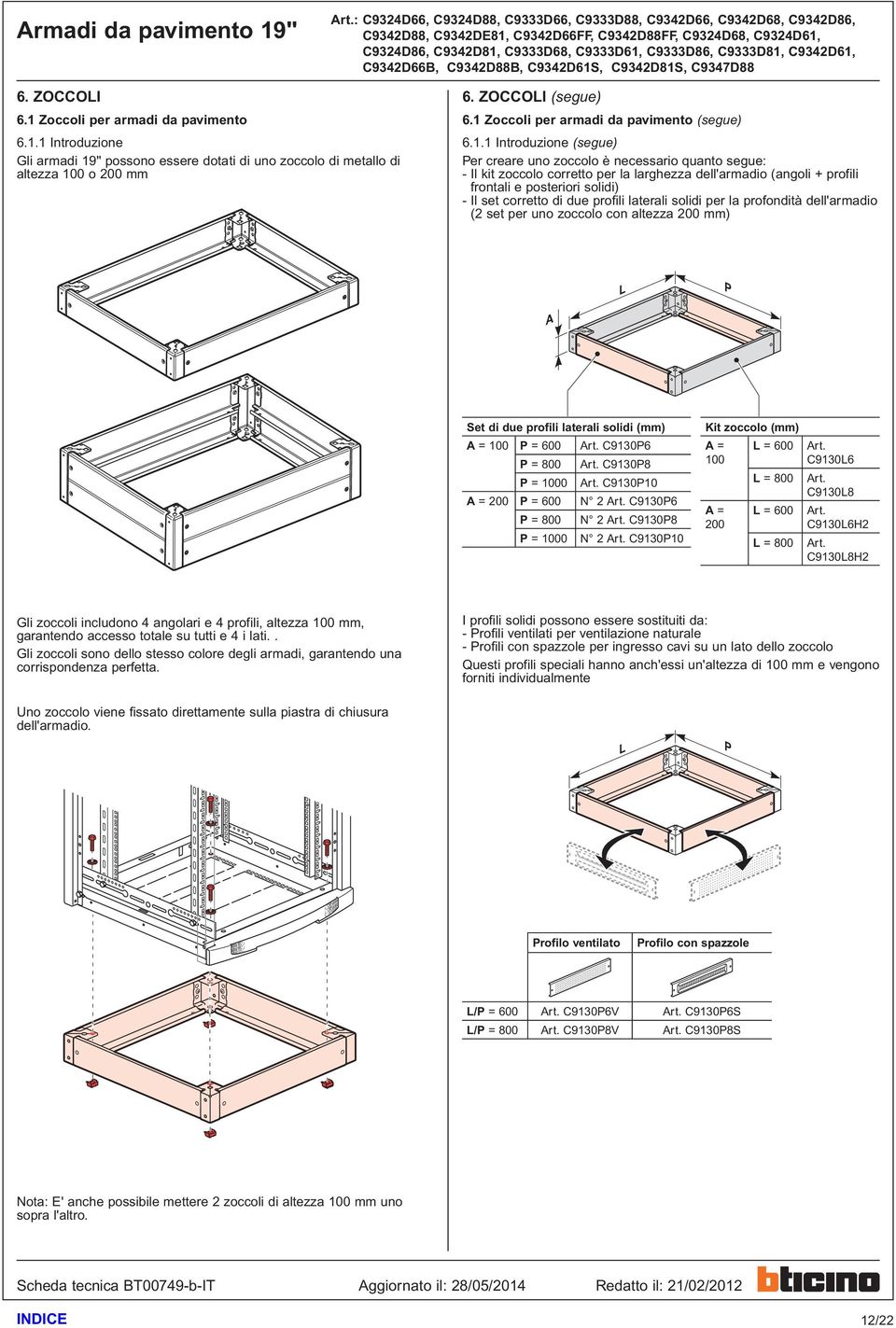 frontali e posteriori solidi) - Il set corretto di due profili laterali solidi per la profondità dell'armadio (2 set per uno zoccolo con altezza 200 mm) L P A Set di due profili laterali solidi (mm)