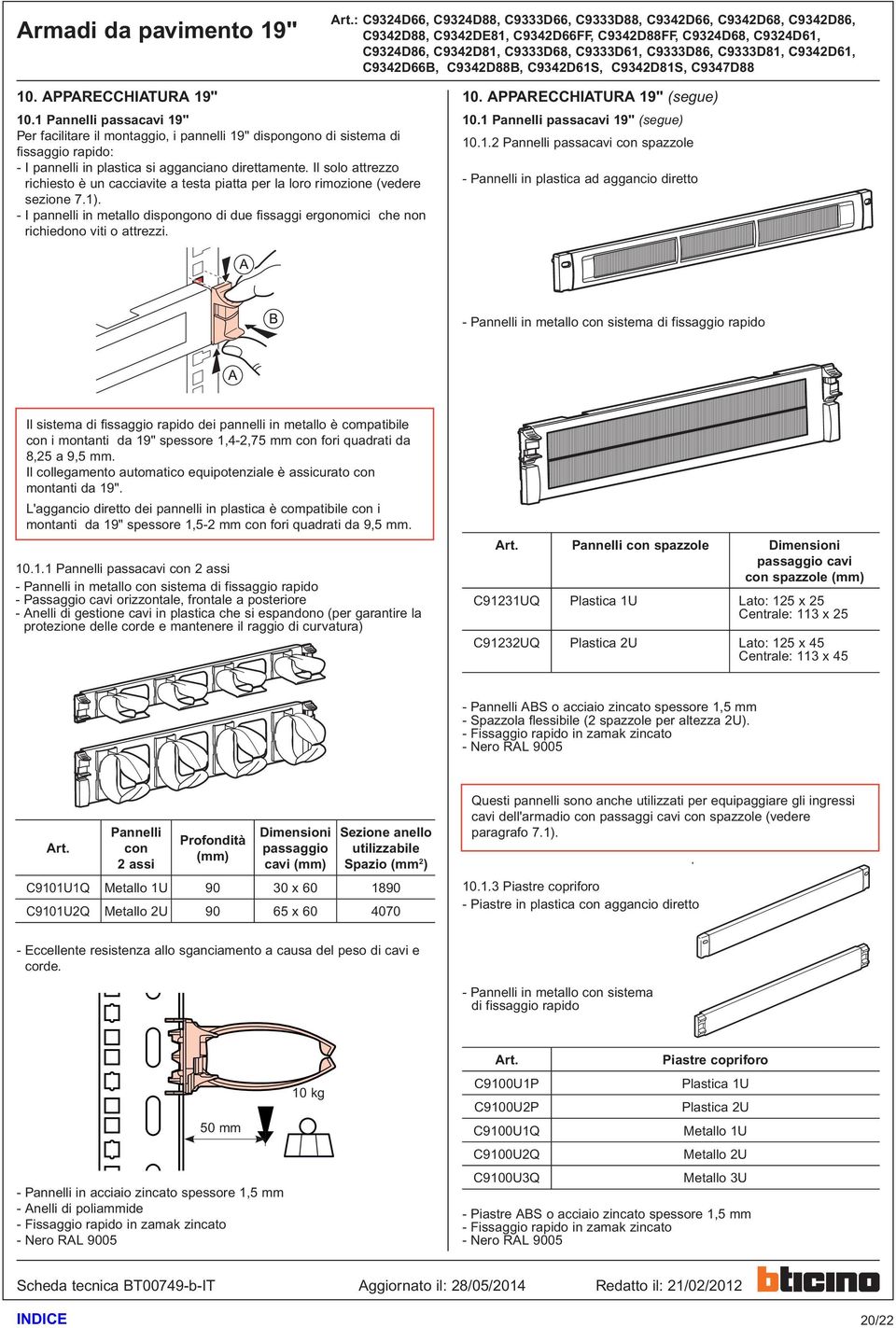 10. APPARECCHIATURA 19" (segue) 10.1 Pannelli passacavi 19" (segue) 10.1.2 Pannelli passacavi con spazzole - Pannelli in plastica ad aggancio diretto - Pannelli in metallo con sistema di fissaggio