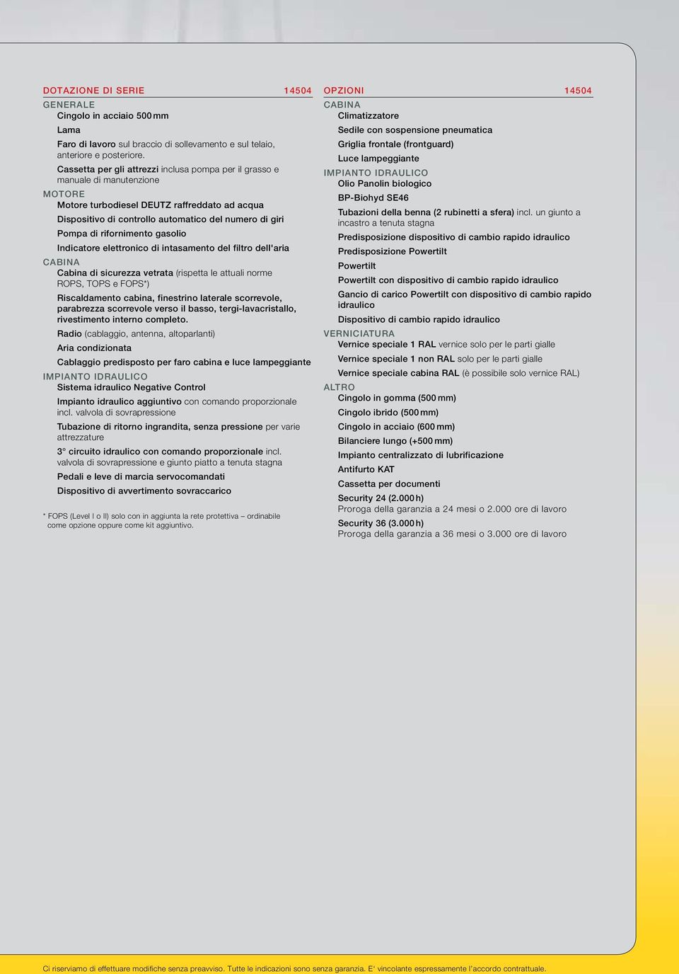 rifornimento gasolio Indicatore elettronico di intasamento del filtro dell'aria CABINA Cabina di sicurezza vetrata (rispetta le attuali norme ROPS, TOPS e FOPS*) Riscaldamento cabina, finestrino