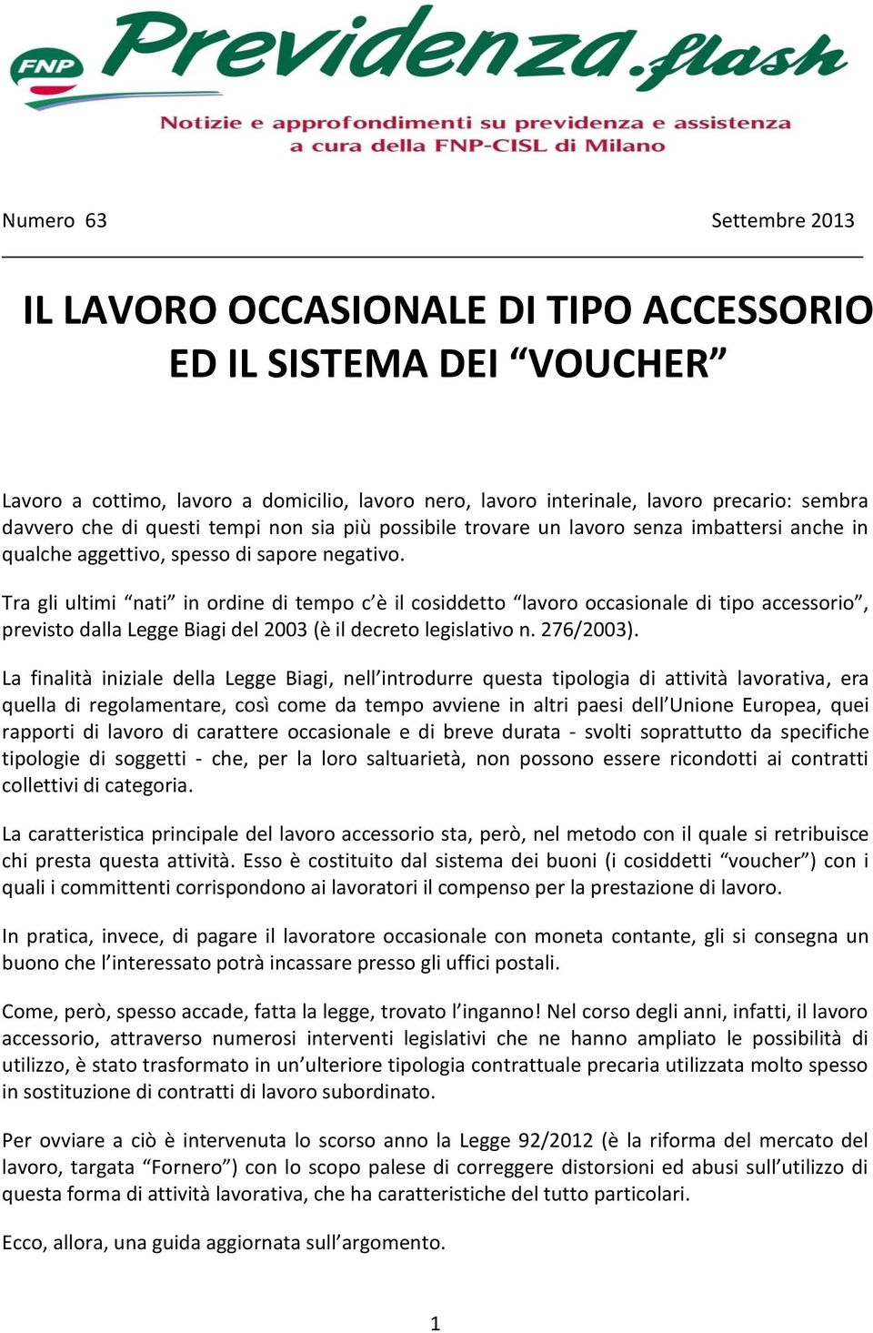 Tra gli ultimi nati in ordine di tempo c è il cosiddetto lavoro occasionale di tipo accessorio, previsto dalla Legge Biagi del 2003 (è il decreto legislativo n. 276/2003).