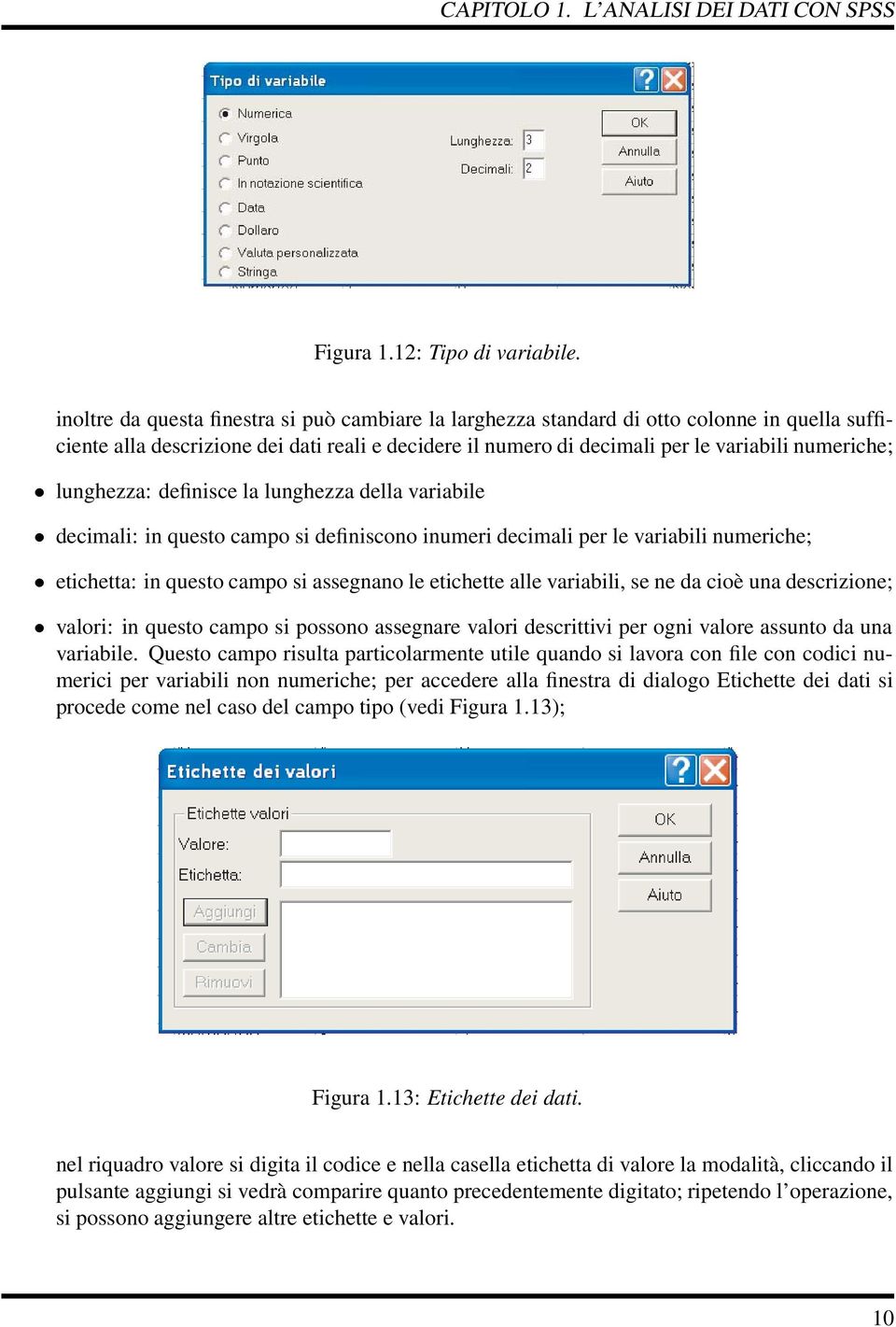 lunghezza: definisce la lunghezza della variabile decimali: in questo campo si definiscono inumeri decimali per le variabili numeriche; etichetta: in questo campo si assegnano le etichette alle