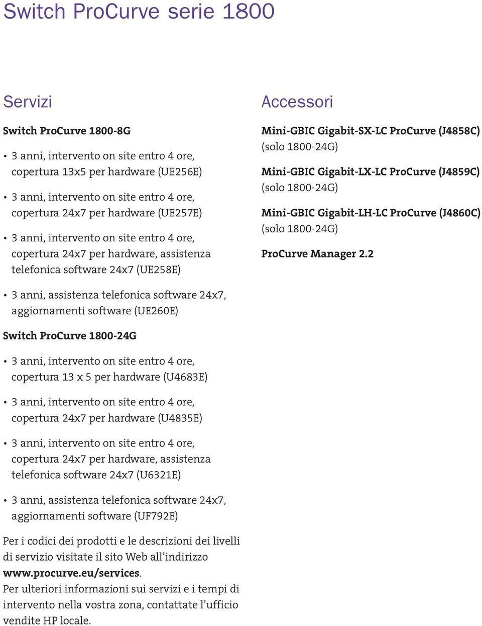 2 3 anni, assistenza telefonica software 24x7, aggiornamenti software (UE260E) Switch ProCurve 1800-24G copertura 13 x 5 per hardware (U4683E) copertura 24x7 per hardware (U4835E) copertura 24x7 per