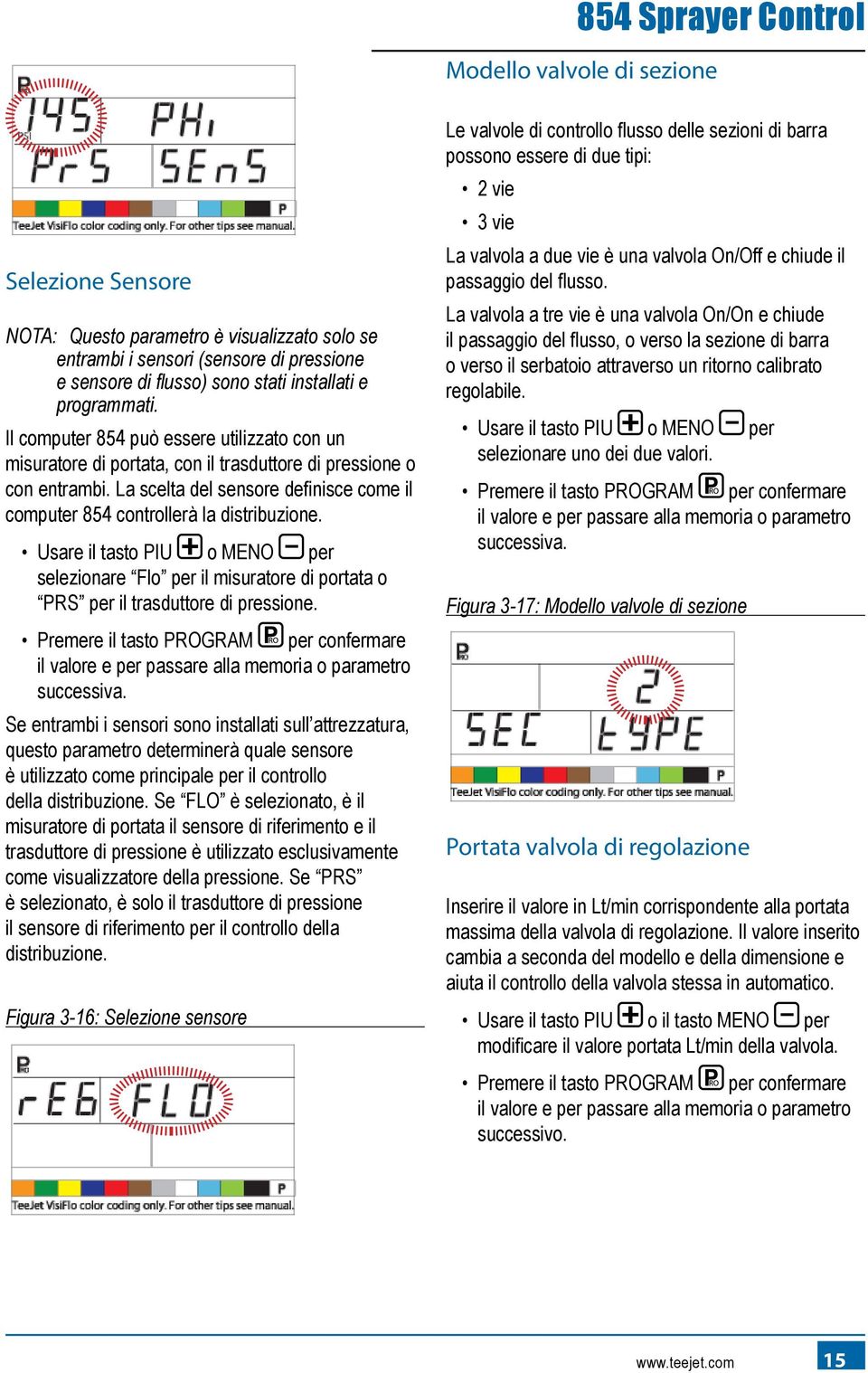 Usare il tasto Piu o Meno per selezionare Flo per il misuratore di portata o PRS per il trasduttore di pressione. il valore e per passare alla memoria o parametro successiva.