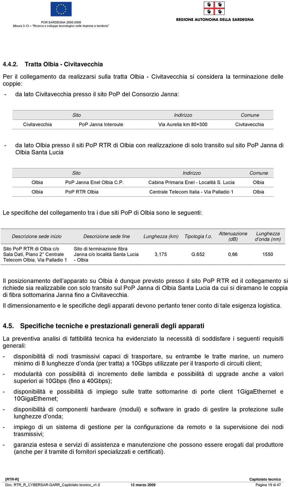 Janna: Sito Indirizzo Comune Civitavecchia PoP Janna Interoute Via Aurelia km 80+300 Civitavecchia - da lato Olbia presso il siti PoP RTR di Olbia con realizzazione di solo transito sul sito PoP