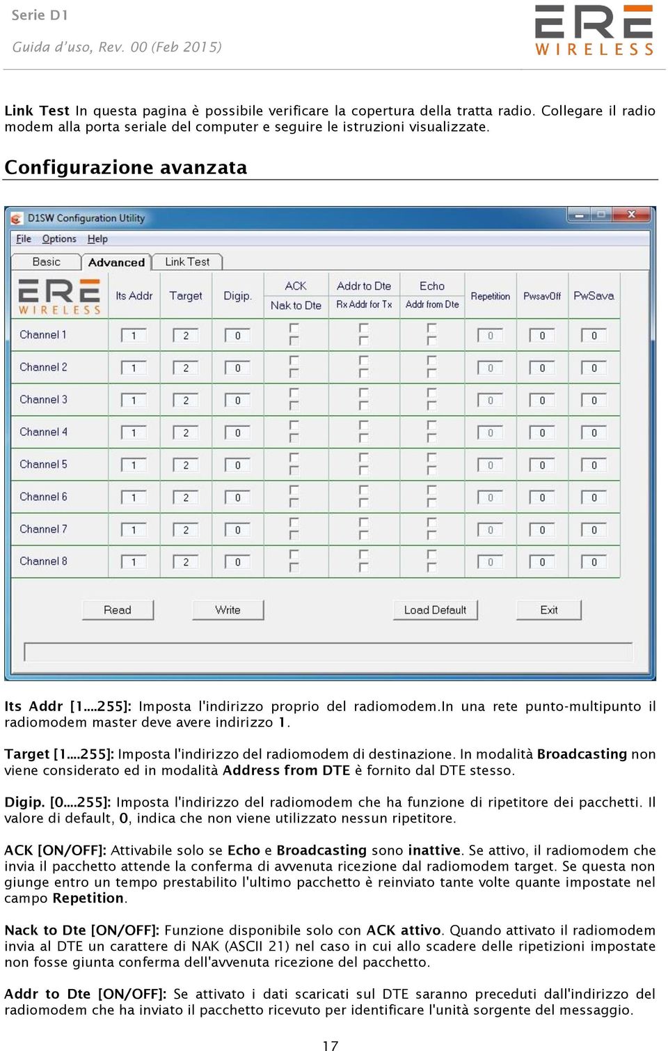 ..255]: Imposta l'indirizzo del radiomodem di destinazione. In modalità Broadcasting non viene considerato ed in modalità Address from DTE è fornito dal DTE stesso. Digip. [0.