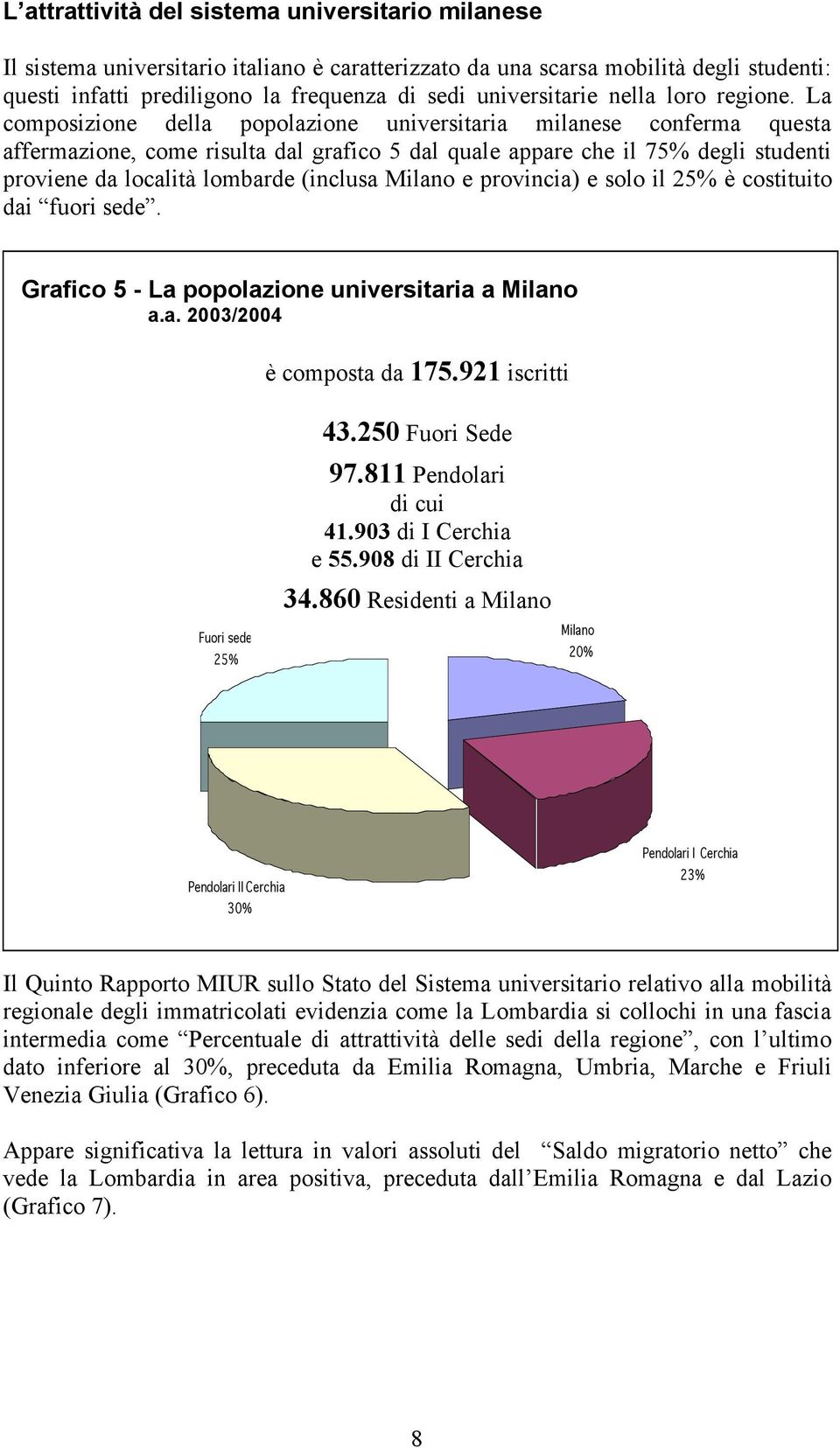 La composizione della popolazione universitaria milanese conferma questa affermazione, come risulta dal grafico 5 dal quale appare che il 75% degli studenti proviene da località lombarde (inclusa