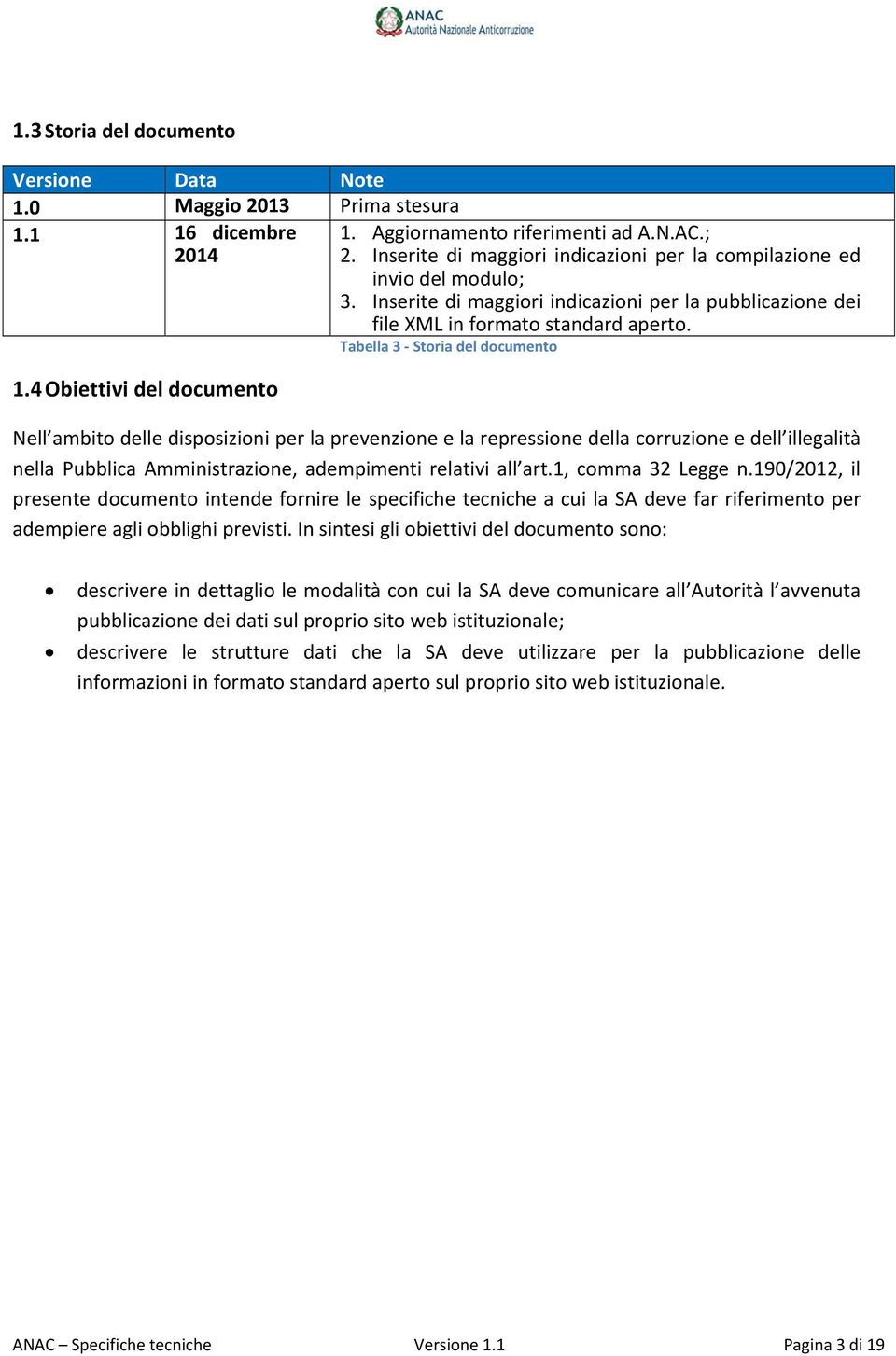 Tabella 3 Storia del documento 1.