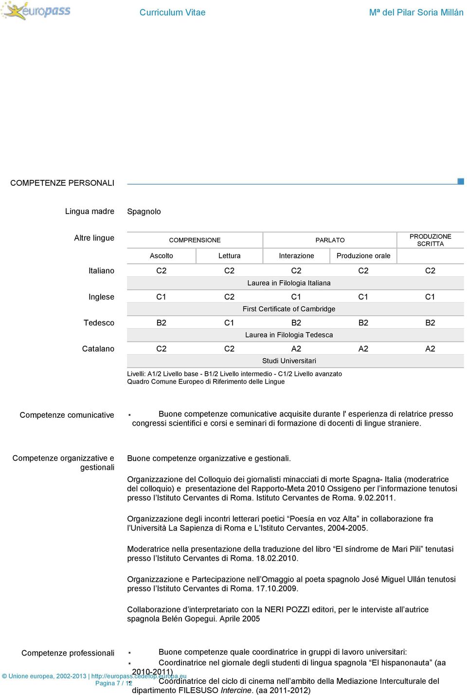 intermedio - C1/2 Livello avanzato Quadro Comune Europeo di Riferimento delle Lingue Competenze comunicative Buone competenze comunicative acquisite durante l' esperienza di relatrice presso