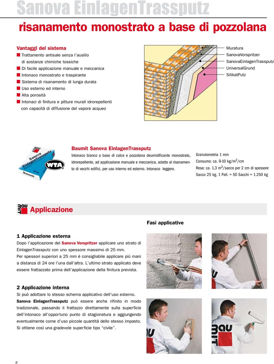 vapore acqueo Muratura SanovaVorspritzer SanovaEinlagenTrassputz UniversalGrund SilikatPutz Baumit Sanova EinlagenTrassputz Intonaco bianco a base di calce e pozzolana deumidificante monostrato,