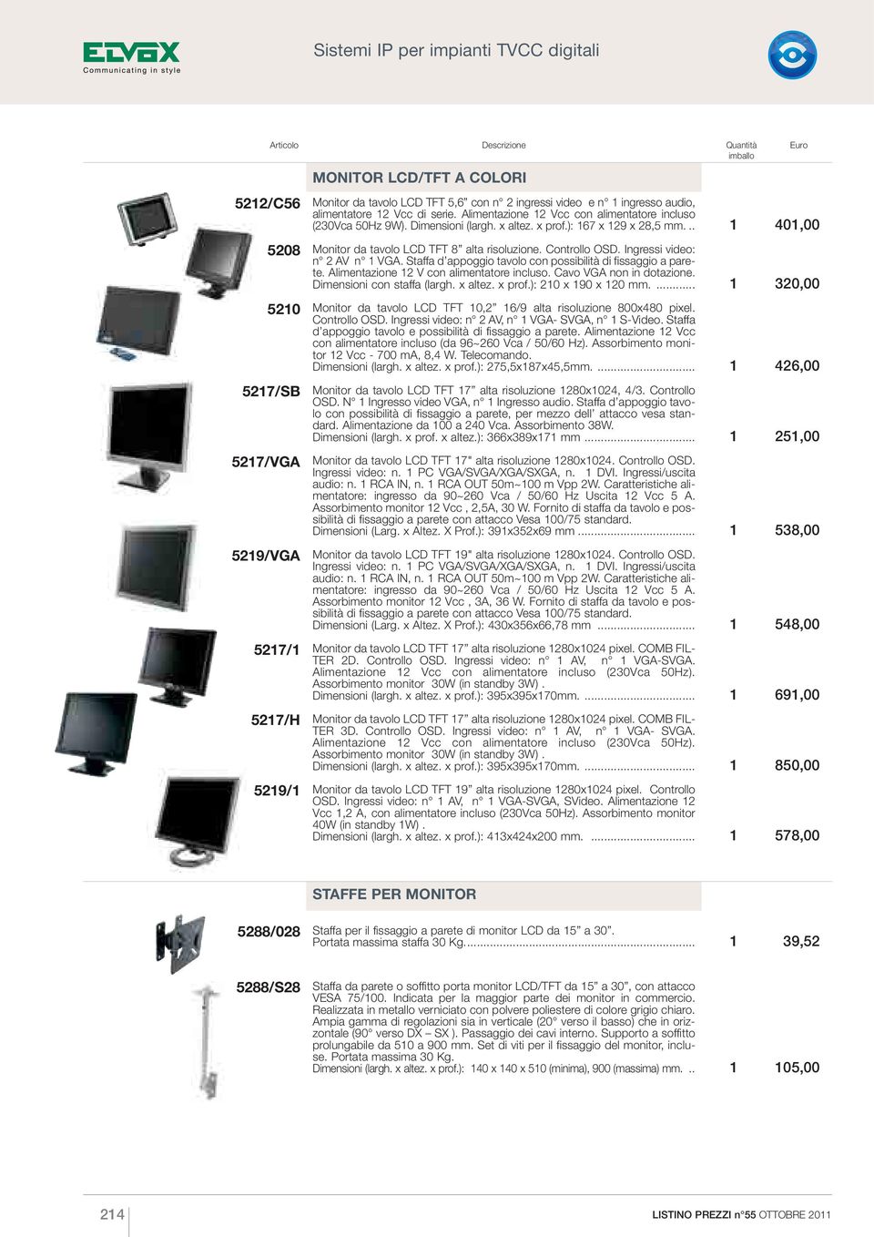 .. Monitor da tavolo LCD TFT 8 alta risoluzione. Controllo OSD. Ingressi video: n 2 AV n 1 VGA. Staffa d appoggio tavolo con possibilità di fissaggio a parete.