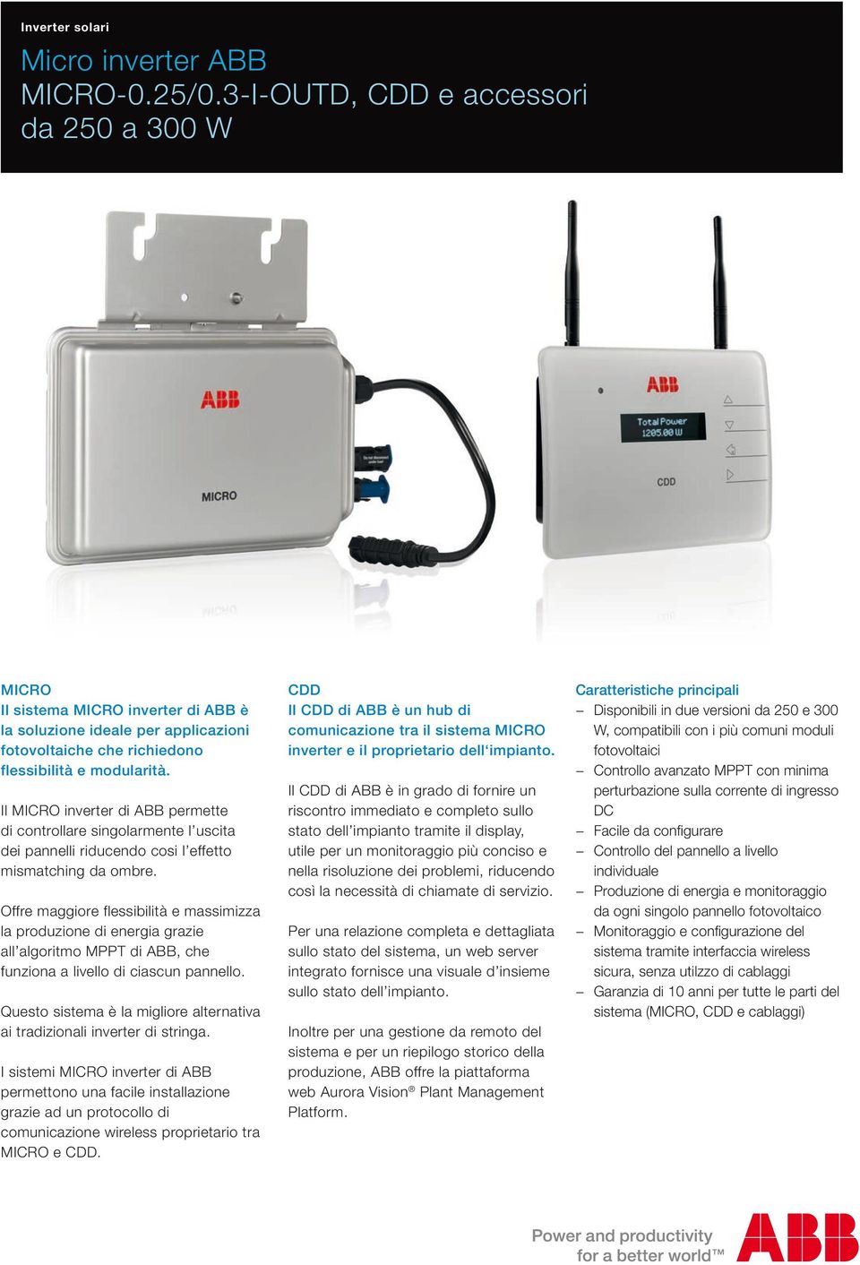 Il MICRO inverter di ABB permette di controllare singolarmente l uscita dei pannelli riducendo cosi l effetto mismatching da ombre.