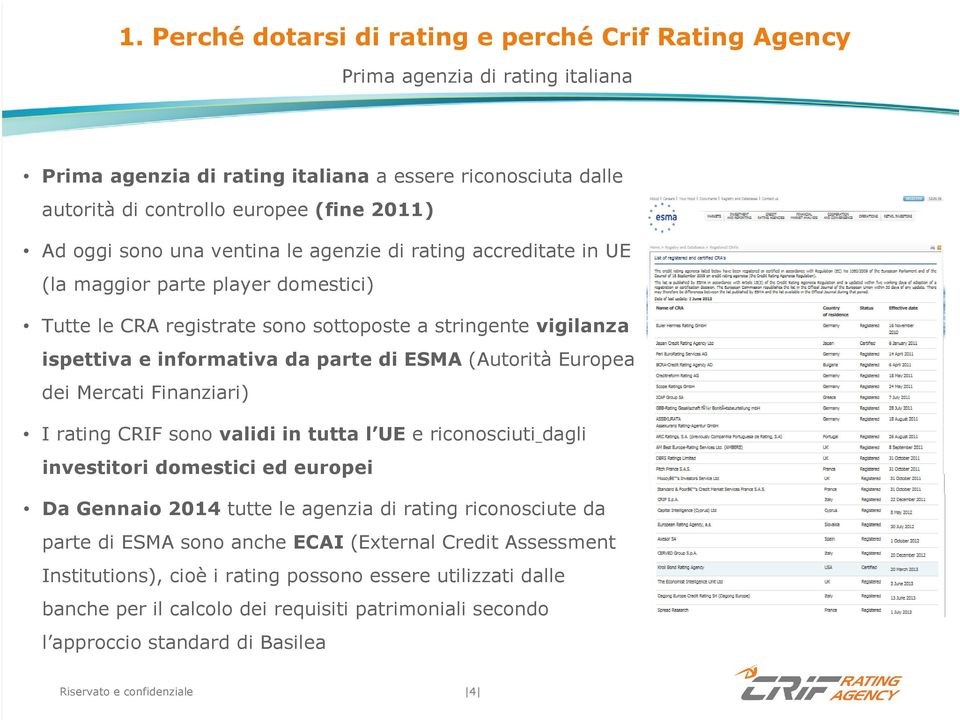 (Autorità Europea dei Mercati Finanziari) I rating CRIF sono validi in tutta l UE e riconosciuti dagli investitori domestici ed europei Da Gennaio 2014 tutte le agenzia di rating riconosciute da