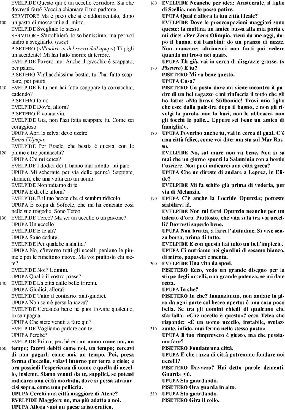 (esce) PISETERO (all'indirizzo del servo dell'upupa) Ti pigli un accidente! Mi hai fatto morire di terrore. EVELPIDE Povero me! Anche il gracchio è scappato, per paura.