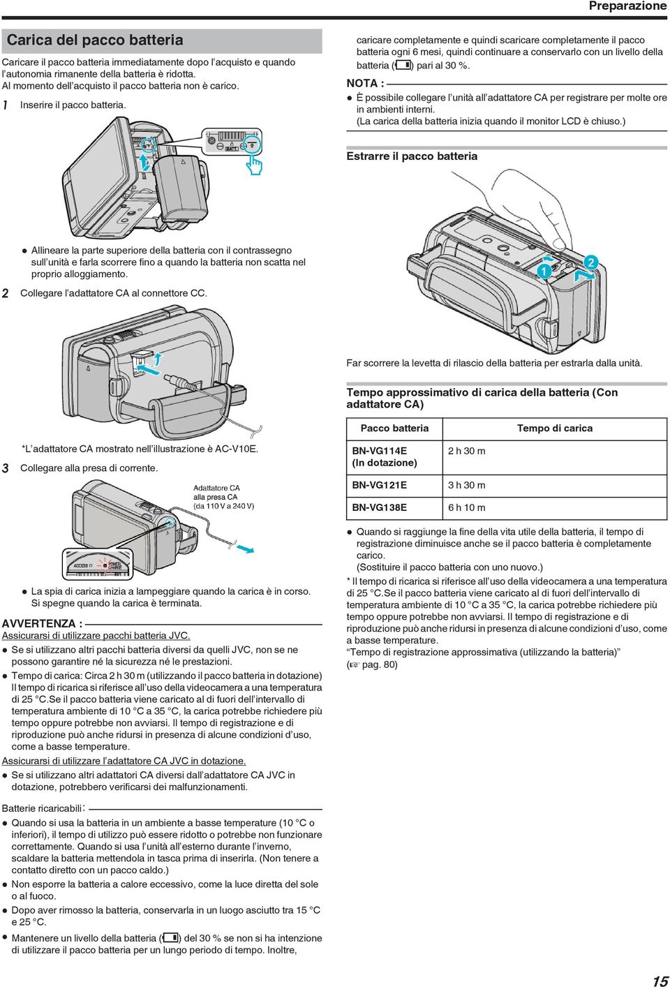 30 % 0 È possibile collegare l unità all adattatore CA per registrare per molte ore in ambienti interni (La carica della batteria inizia quando il monitor LCD è chiuso) Estrarre il pacco batteria 0