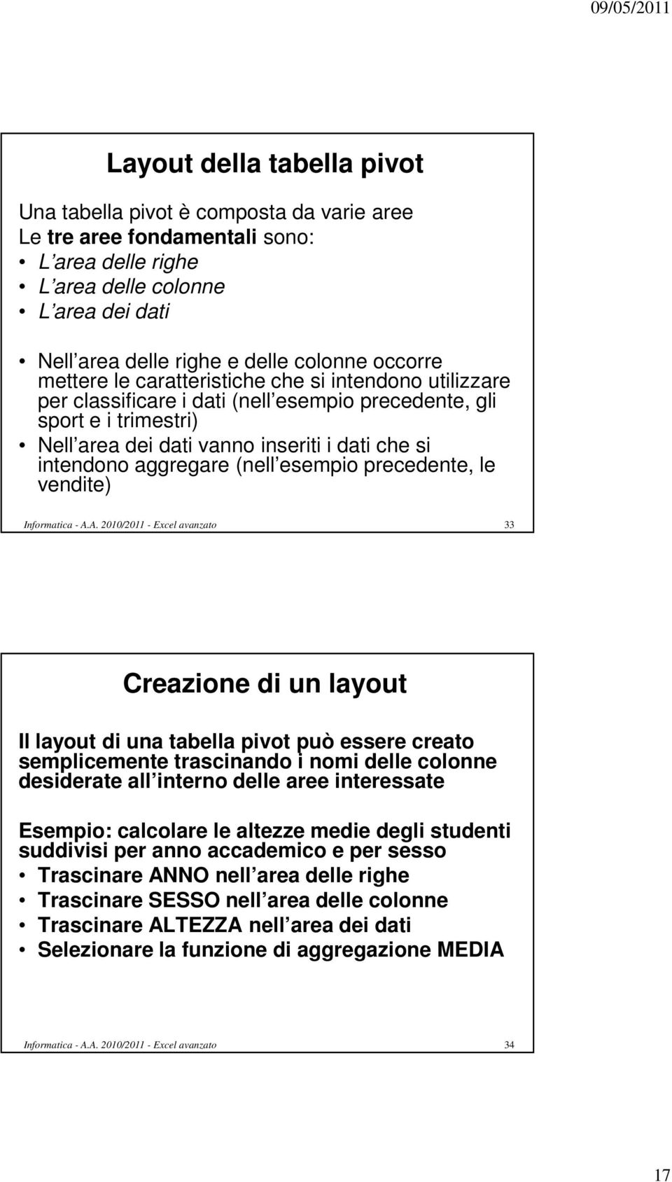 aggregare (nell esempio precedente, le vendite) 33 Creazione di un layout Il layout di una tabella pivot può essere creato semplicemente trascinando i nomi delle colonne desiderate all interno delle