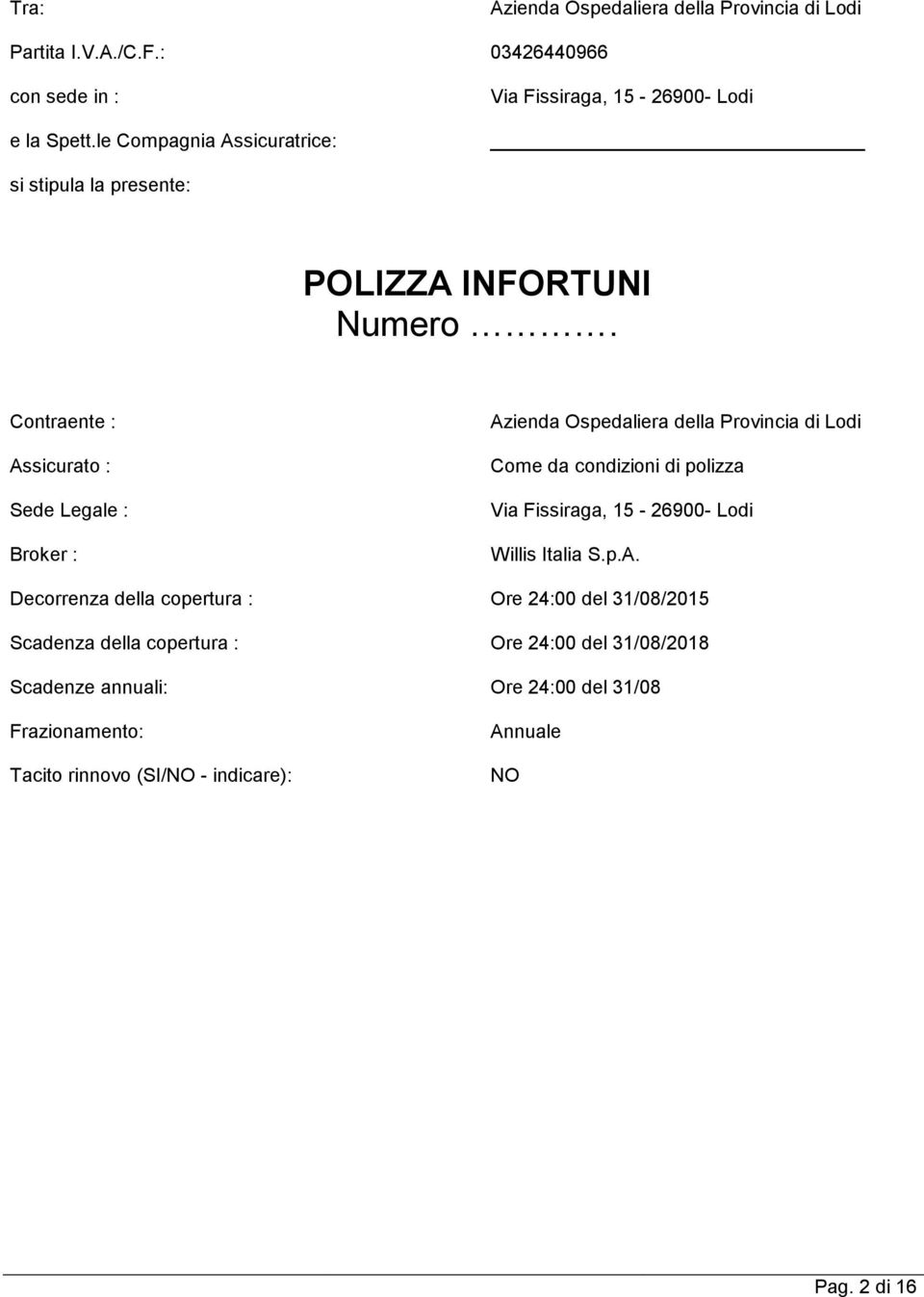 Contraente : Assicurato : Sede Legale : Broker : Azienda Ospedaliera della Provincia di Lodi Come da condizioni di polizza Via Fissiraga, 15-26900-