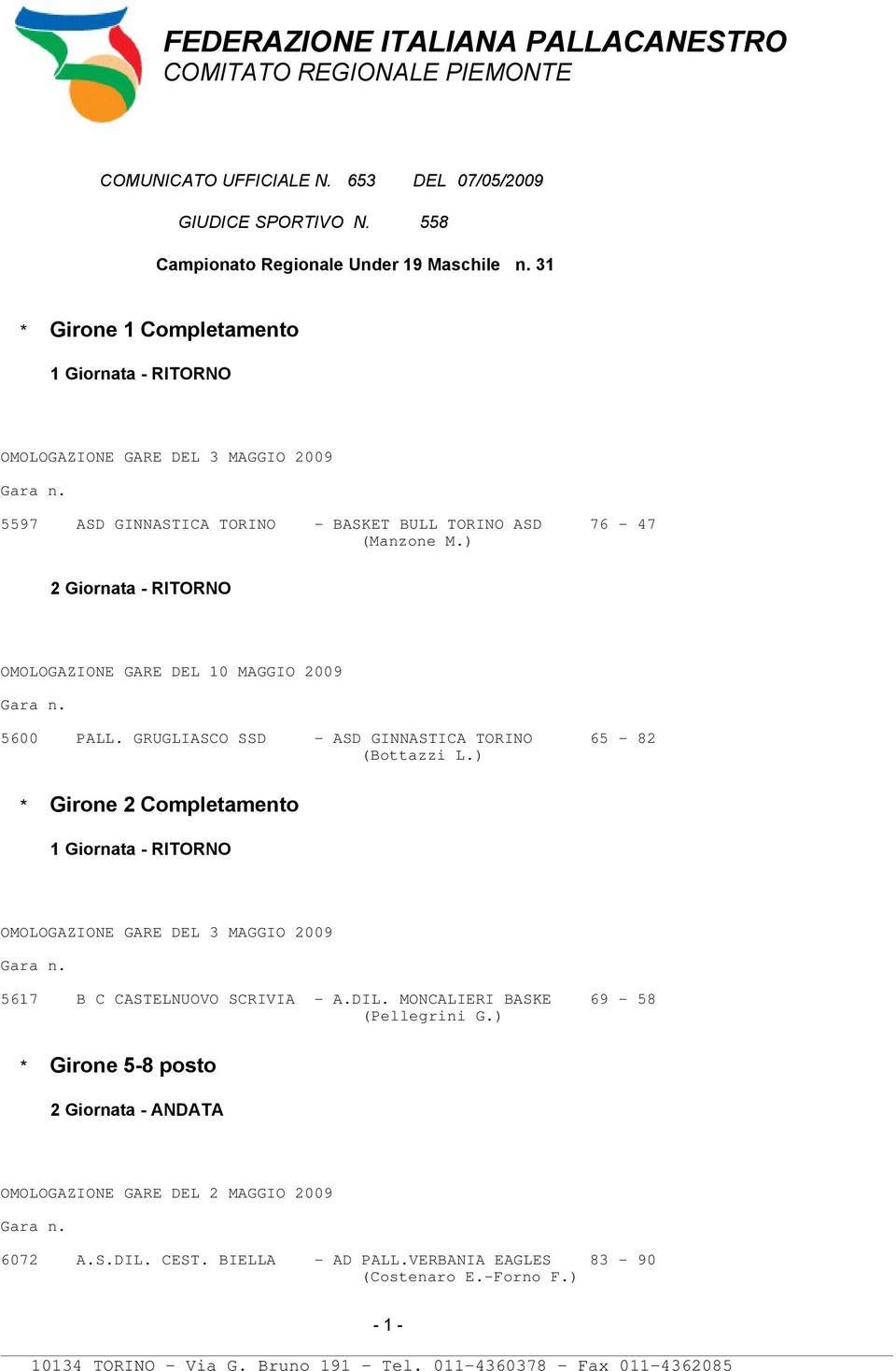 ) 2 Giornata - RITORNO OMOLOGAZIONE GARE 10 MAGGIO 2009 5600 PALL. GRUGLIASCO SSD - ASD GINNASTICA TORINO 65-82 (Bottazzi L.