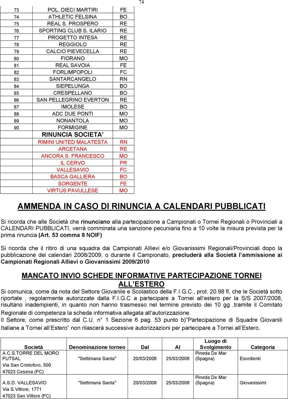 EVERTON RE 87 IMOLESE BO 88 ADC DUE PONTI MO 89 NONANTOLA MO 90 FORMIGINE MO RINUNCIA SOCIETA RIMINI UNITED MALATESTA RN ARCETANA RE ANCORA S.