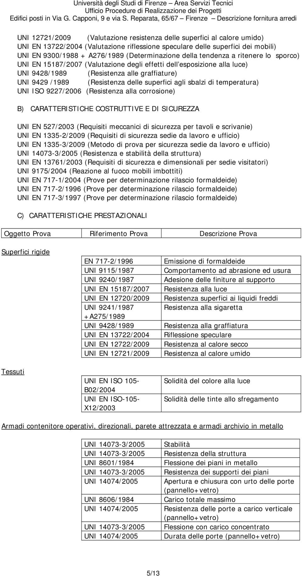 agli sbalzi di temperatura) UNI ISO 9227/2006 (Resistenza alla corrosione) B) CARATTERISTICHE COSTRUTTIVE E DI SICUREZZA UNI EN 527/2003 (Requisiti meccanici di sicurezza per tavoli e scrivanie) UNI