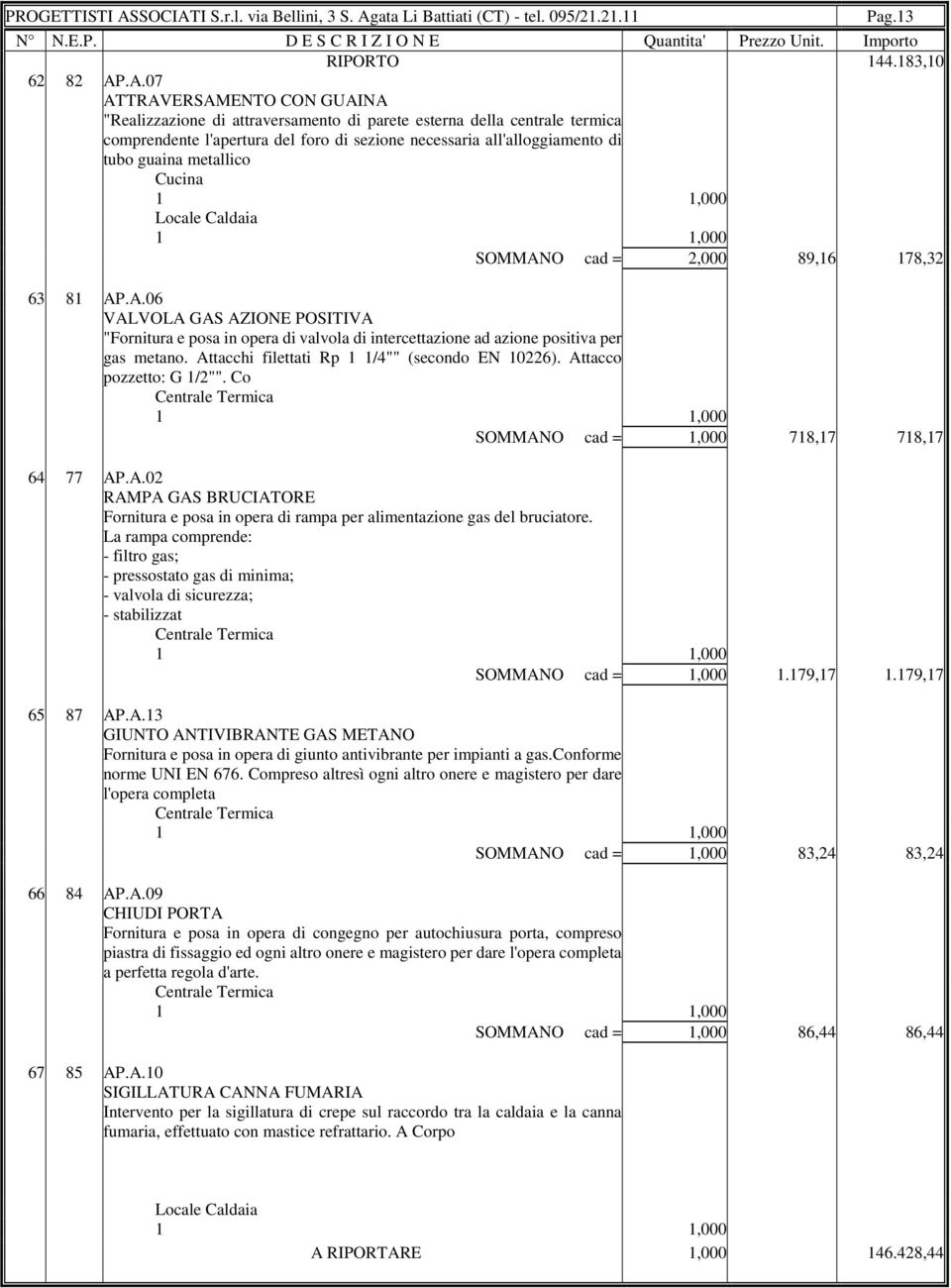 metallico Locale Caldaia SOMMANO cad = 2,000 89,16 178,32 63 81 AP.A.06 VALVOLA GAS AZIONE POSITIVA "Fornitura e posa in opera di valvola di intercettazione ad azione positiva per gas metano.