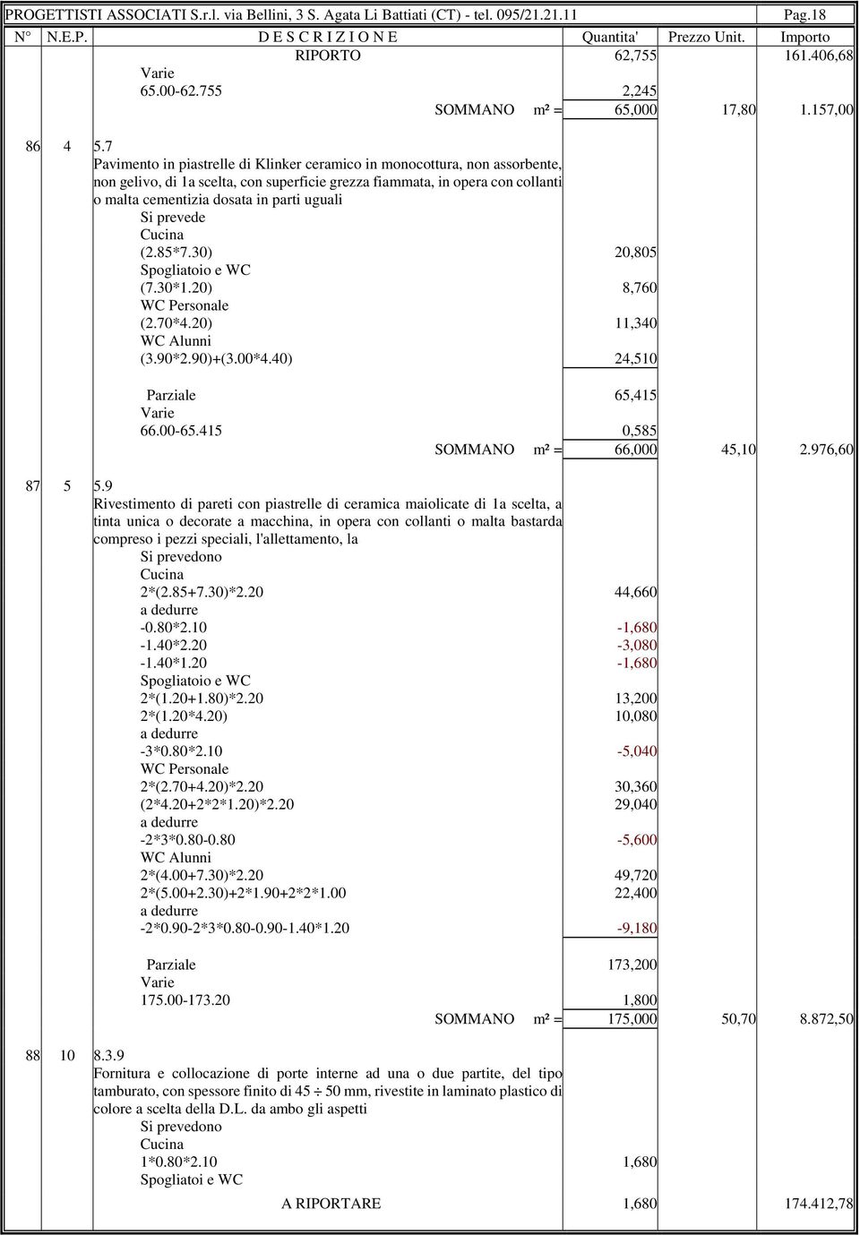 (2.85*7.30) 20,805 Spogliatoio e WC (7.30*1.20) 8,760 WC Personale (2.70*4.20) 11,340 WC Alunni (3.90*2.90)+(3.00*4.40) 24,510 Parziale 65,415 66.00-65.415 0,585 SOMMANO m² = 66,000 45,10 2.