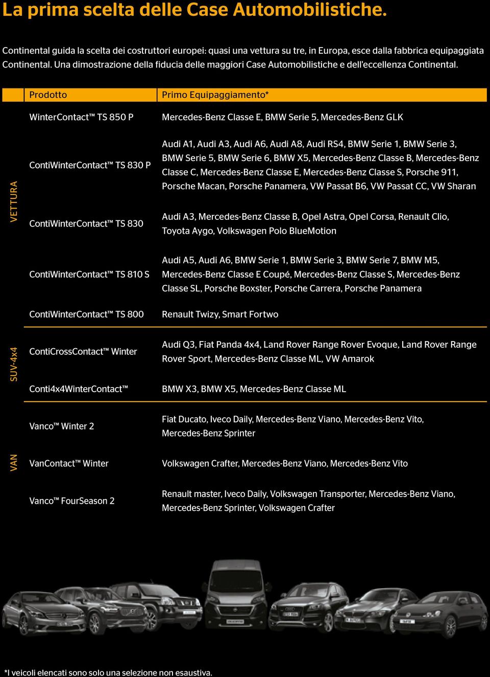 Prodotto WinterContact TS 850 P Primo Equipaggiamento* Mercedes-Benz Classe E, BMW Serie 5, Mercedes-Benz GLK VETTURA ContiWinterContact TS 830 P ContiWinterContact TS 830 Audi A1, Audi A3, Audi A6,