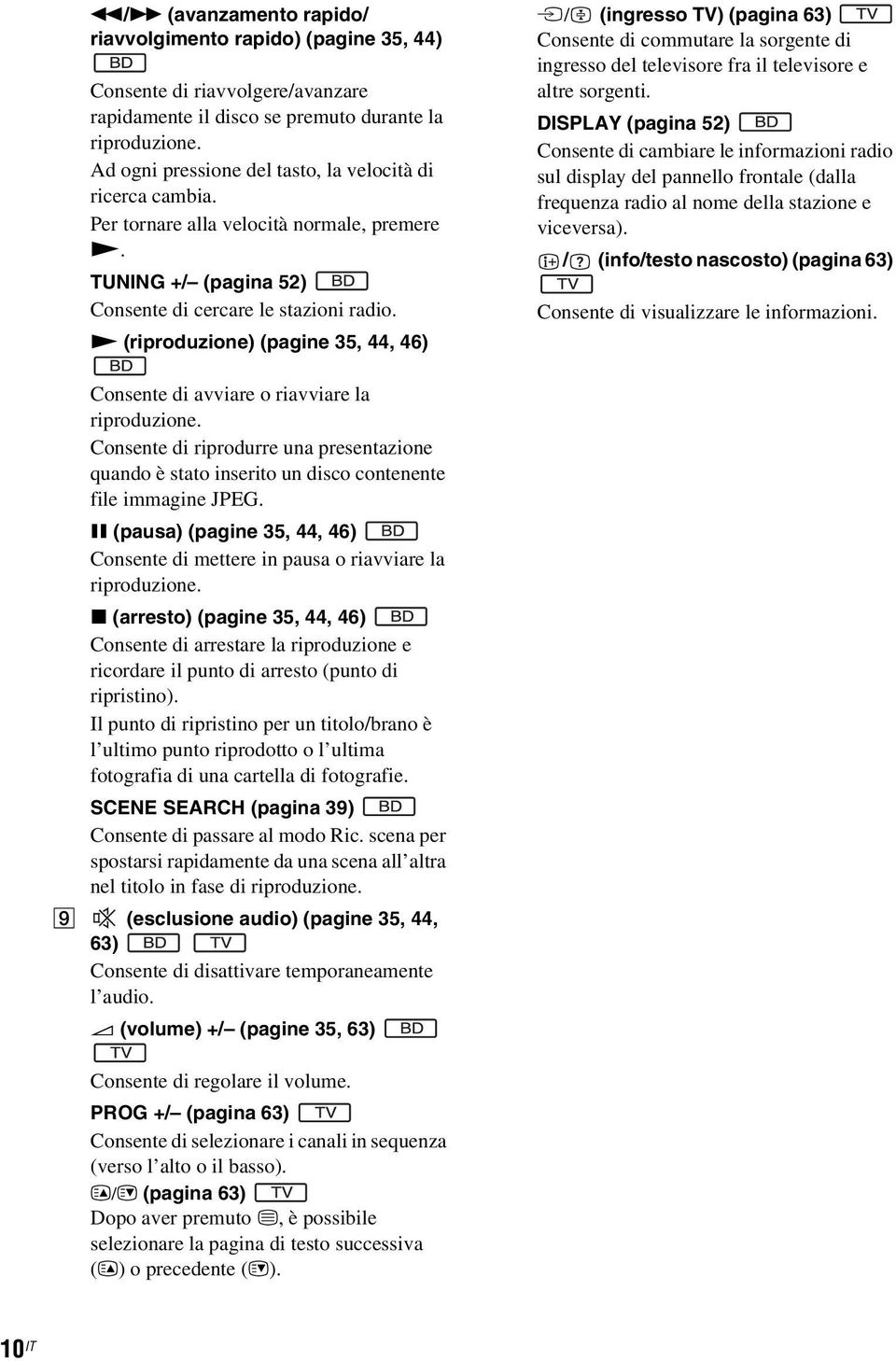 N (riproduzione) (pagine 35, 44, 46) t/ (ingresso TV) (pagina 63) Consente di commutare la sorgente di ingresso del televisore fra il televisore e altre sorgenti.