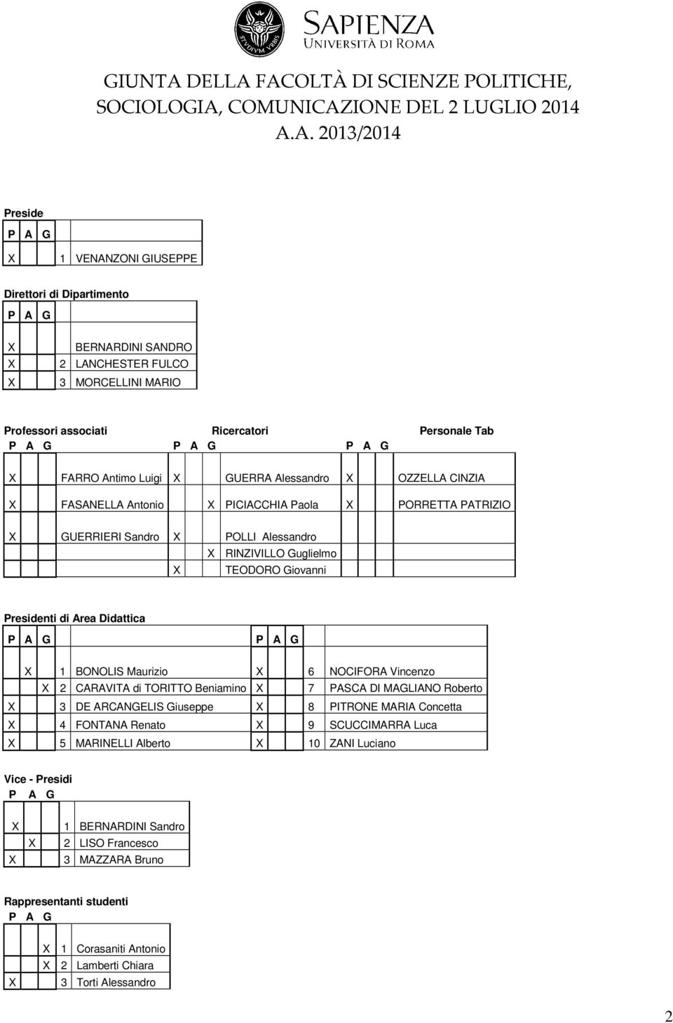 Presidenti di Area Didattica P A G P A G X 1 BONOLIS Maurizio X 6 NOCIFORA Vincenzo X 2 CARAVITA di TORITTO Beniamino X 7 PASCA DI MAGLIANO Roberto X 3 DE ARCANGELIS Giuseppe X 8 PITRONE MARIA