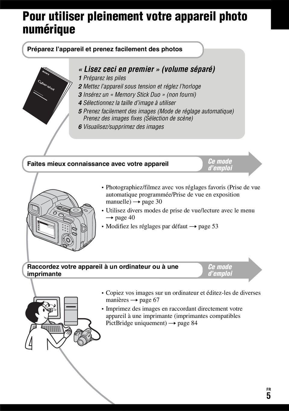 fixes (Sélection de scène) 6 Visualisez/supprimez des images Faites mieux connaissance avec votre appareil Ce mode d emploi Photographiez/filmez avec vos réglages favoris (Prise de vue automatique