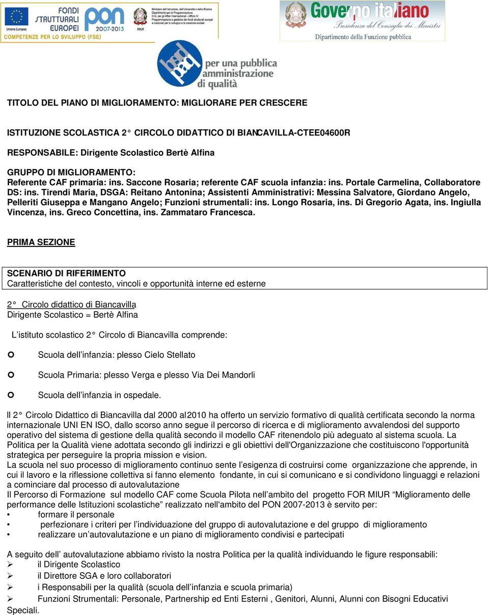 Tirendi Maria, DSGA: Reitano Antonina; Assistenti Amministrativi: Messina Salvatore, Giordano Angelo, Pelleriti Giuseppa e Mangano Angelo; Funzioni strumentali: ins. Longo Rosaria, ins.