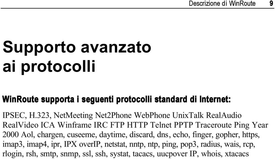 323, NetMeeting Net2Phone WebPhone UnixTalk RealAudio RealVideo ICA Winframe IRC FTP HTTP Telnet PPTP Traceroute Ping Year