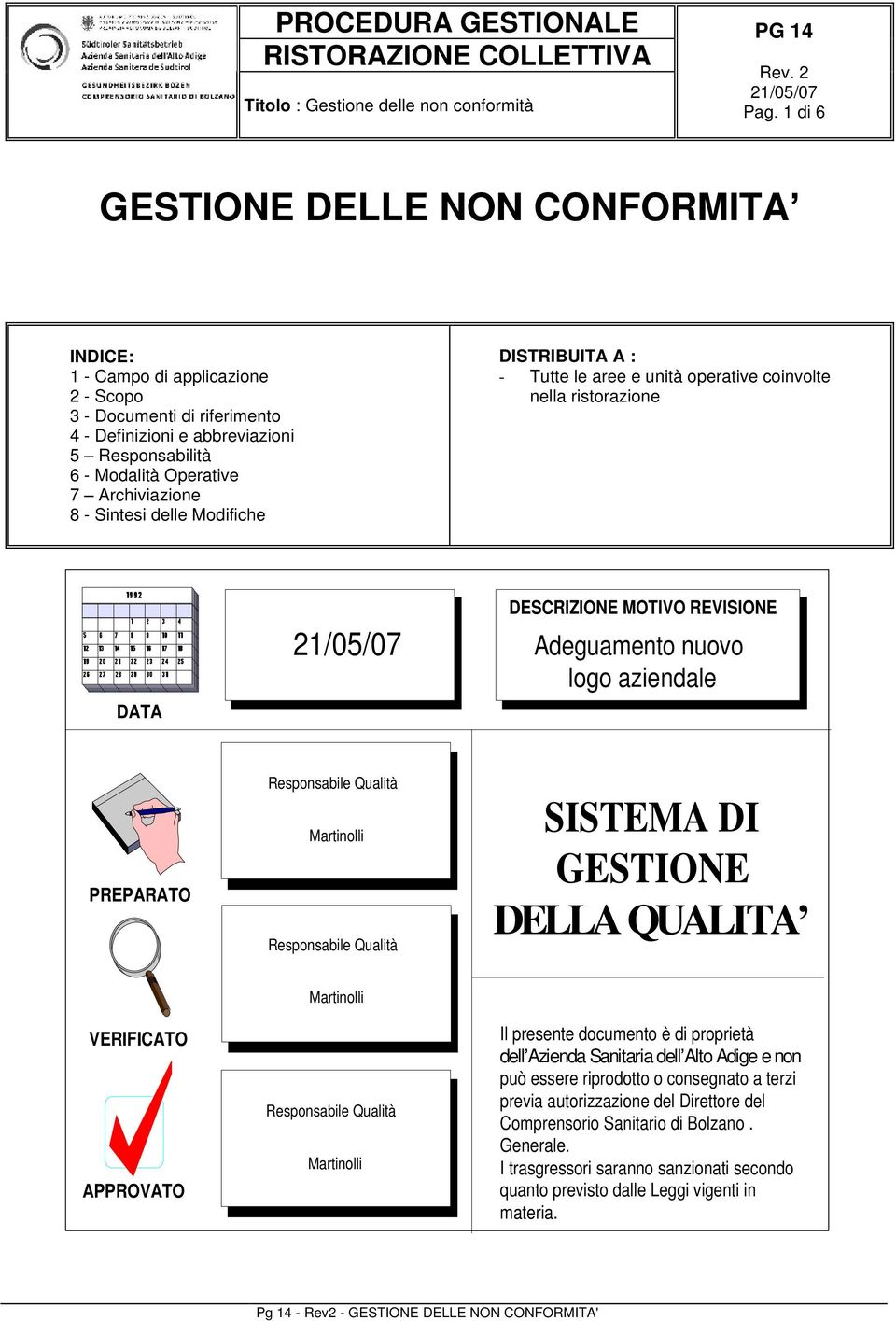 PREPARATO Martinolli SISTEMA DI GESTIONE DELLA QUALITA VERIFICATO APPROVATO Martinolli Martinolli Il presente documento è di proprietà dell Azienda Sanitaria dell Alto Adige e non può essere