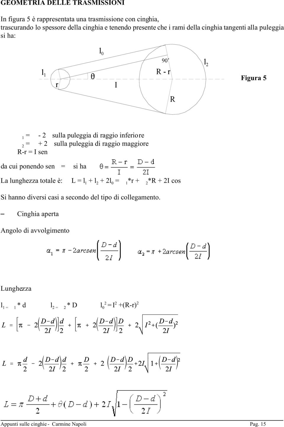 I sen 2 da cui ponendo sen2 = 2 si ha La lunghezza totale è: L = l 1 + l 2 + 2l 0 = " 1 *r + " 2 *R + 2I cos 2 i hanno diversi casi a secondo del tipo di