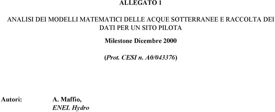 PER UN SITO PILOTA Milestone Dicembre 2000