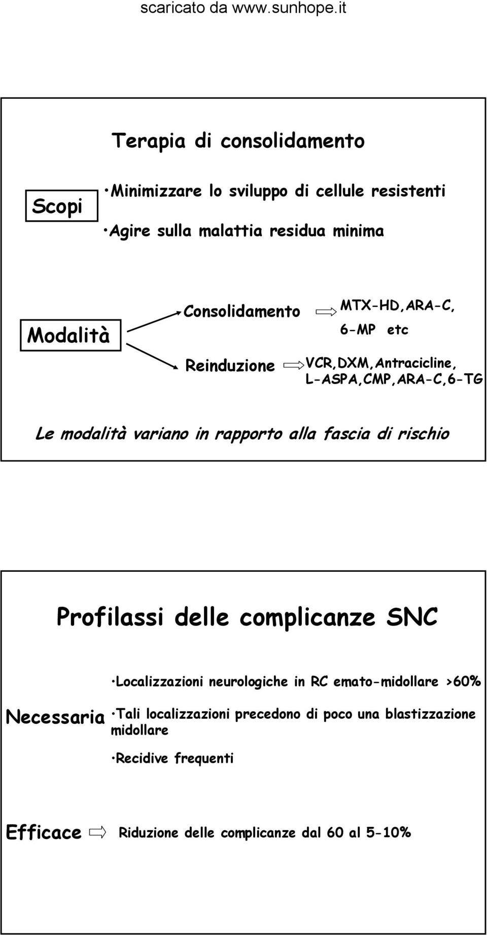 alla fascia di rischio Profilassi delle complicanze SNC Necessaria Localizzazioni neurologiche in RC emato-midollare >60% Tali